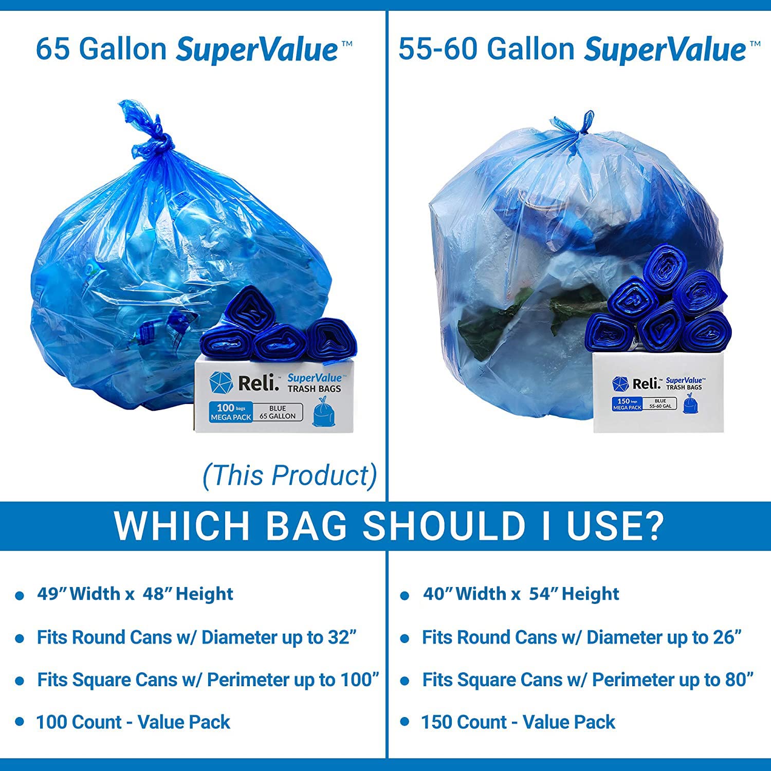Reliable 65 Gallon Blue Recycling Bags - Heavy Duty Large Trash Bags (100 Count) - Perfect for Home, Office & Outdoor Waste Disposal