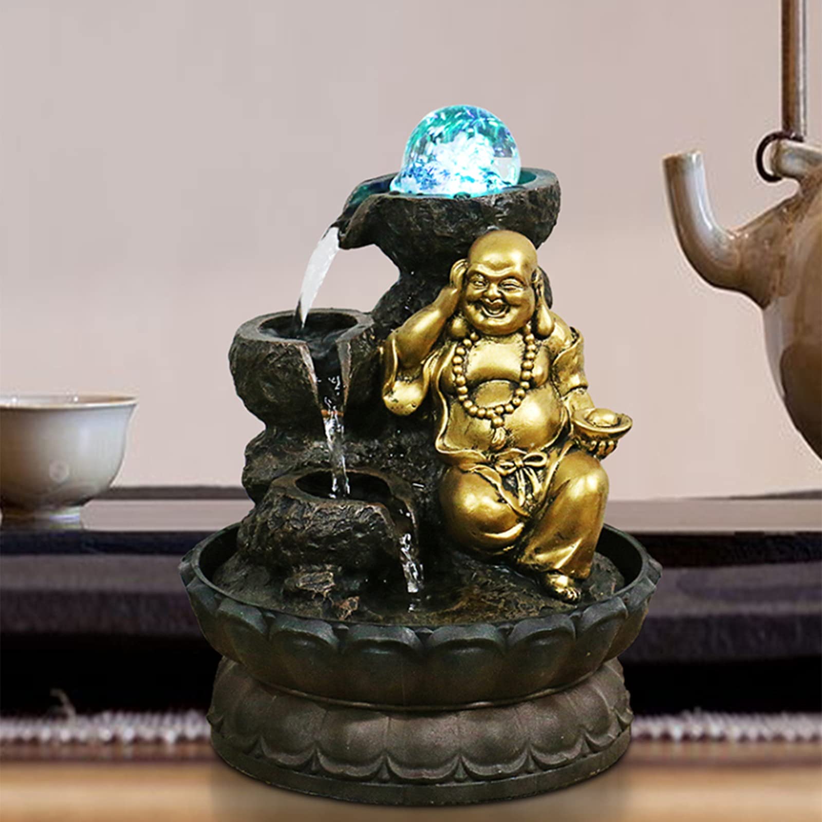 Desktop Fountain - Maitreya Buddha Tabletop Fountain for Good Luck, Home & Office Decor, Living Room, TV Cabinet, Tea Room, Meditation Space - Relaxing Waterfall Fountain for Stress Relief & Zen Ambiance