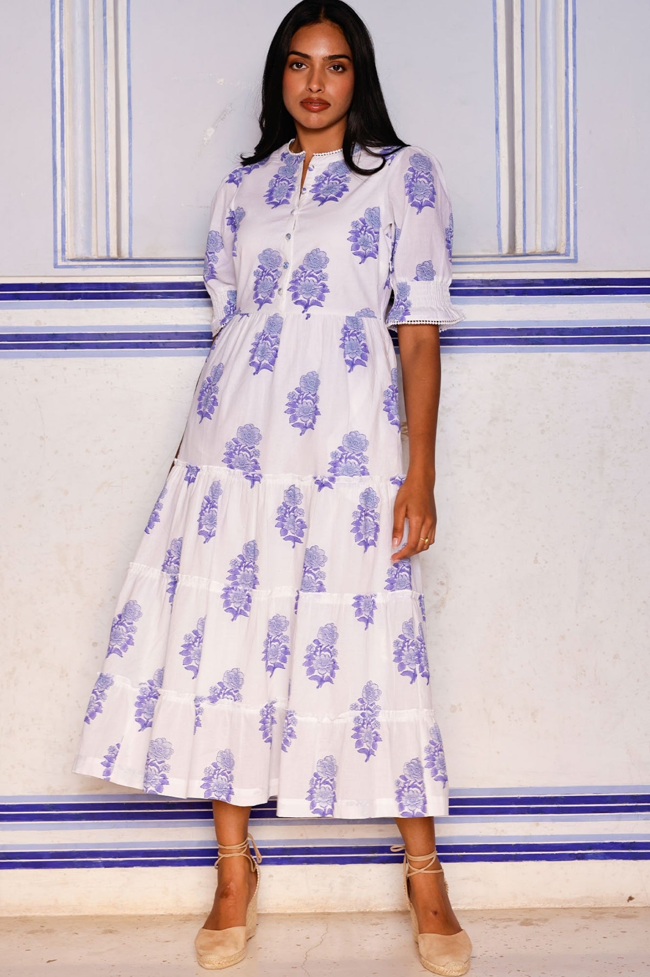 Organic Cotton Block Print Dress - Cordelia Pansy Buta White/Blue Floral | Boho Chic Summer Dress for Beach, Vacation & Casual Wear