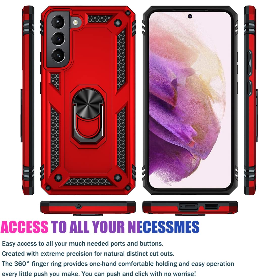 Military Grade Heavy Duty Armor Case for Samsung Galaxy S22 5G (SM-S901U) with Tempered Glass Screen Protector & Magnetic Metal Ring - Shockproof Protective Cover in Red | Perfect for Outdoor, Work & Travel
