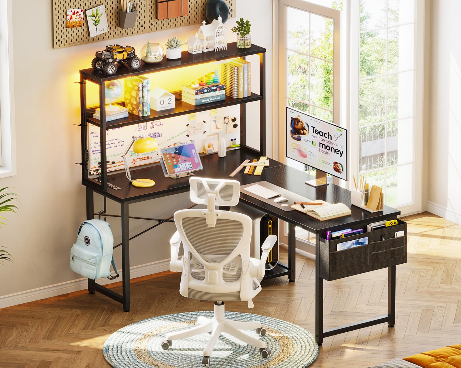 AODK 43 Inch L-Shaped Gaming Desk with LED Lights & Power Outlet - Reversible Corner Computer Desk with Storage Shelf, Bag & Hook - Ergonomic Home Office & Gaming Workstation (Black) - Perfect for Small Spaces, Streaming Setup & Multi-Monitor Workstations