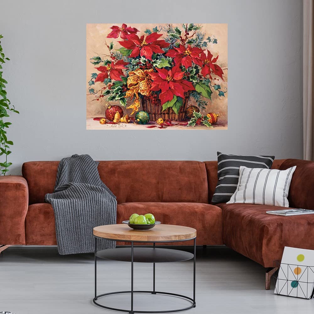 Festive Poinsettia Basket Wall Art Canvas Print by Barbara Mock - 32x24 Inch Ready-to-Hang Painting for Living Room, Bedroom, Office Decor - Perfect for Christmas Holiday Home Decoration & Gift
