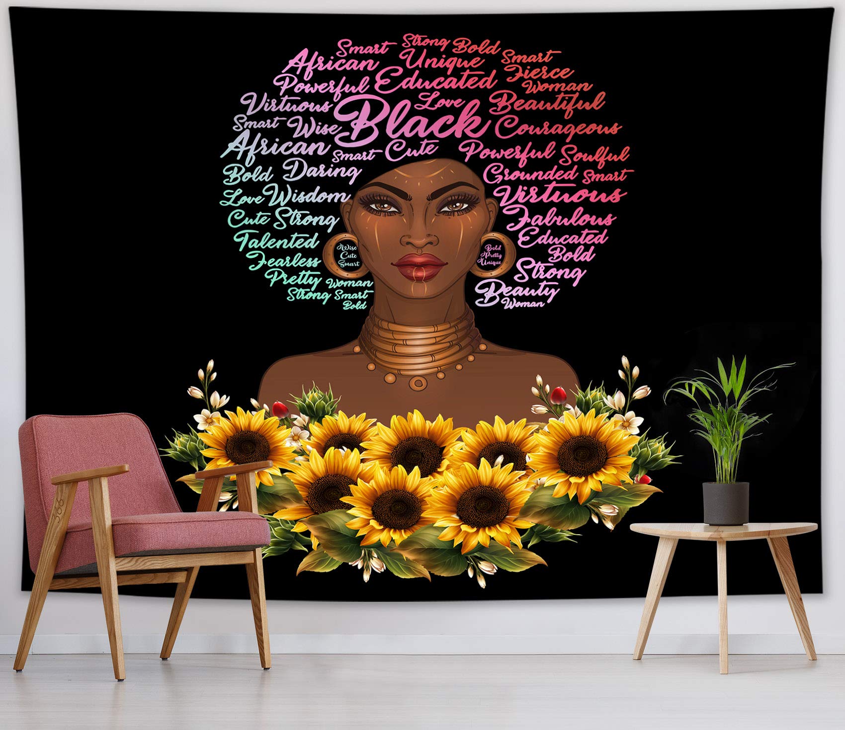 HVEST African American Women Tapestry Sunflower Afro Black Girl Inspirational Wall Art for Living Room, Bedroom, Teen Dorm, Indie Decor, 59x51 Inches, Perfect for Home, Office, and Event Spaces