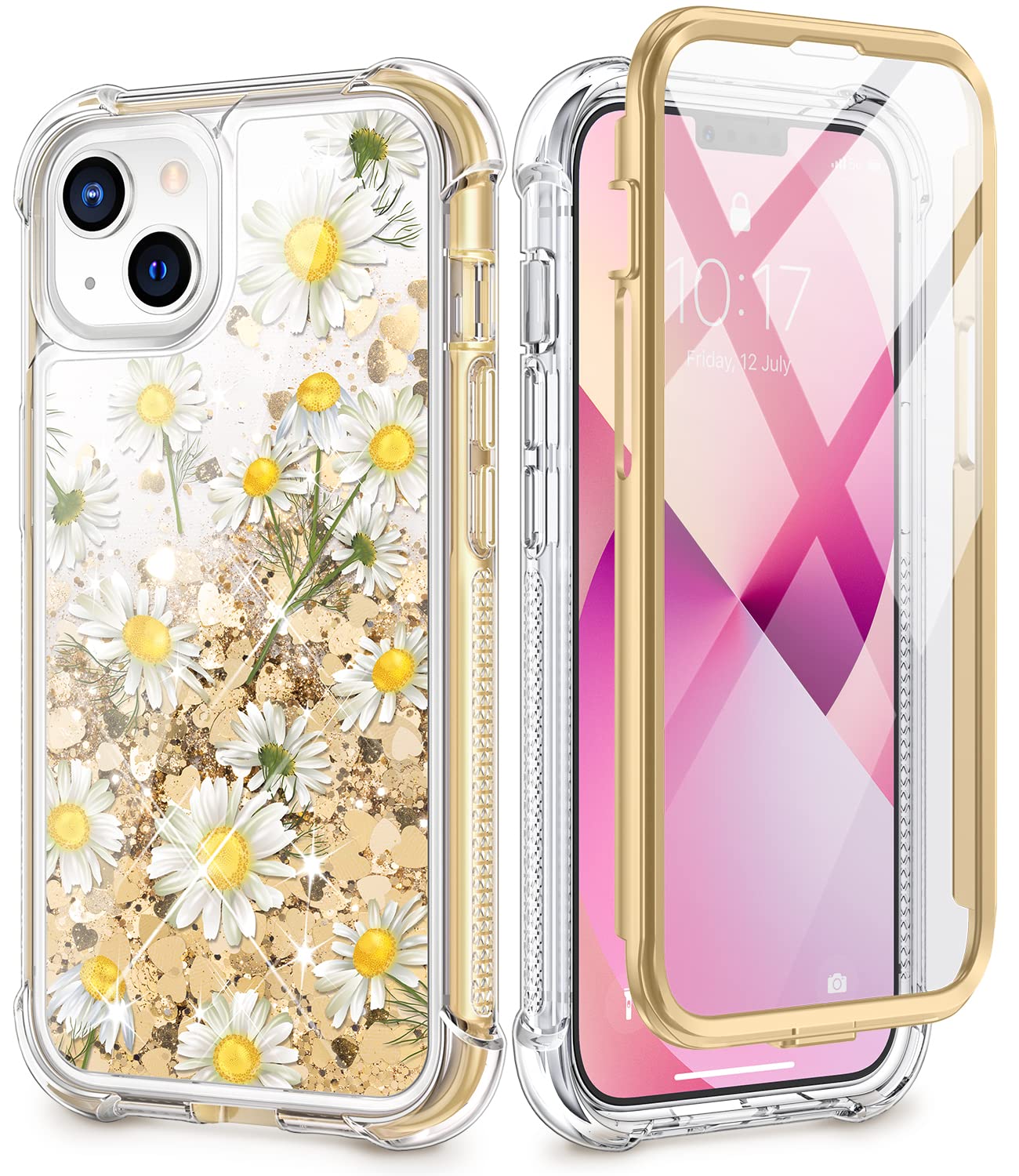 Glitter Phone Case for iPhone 13/14 - Sparkling Liquid Quicksand Shockproof Cover with Floral Daisy Design | Trendy Girly Protective Case for Women & Girls | Perfect for Everyday Use, Parties & Gifts