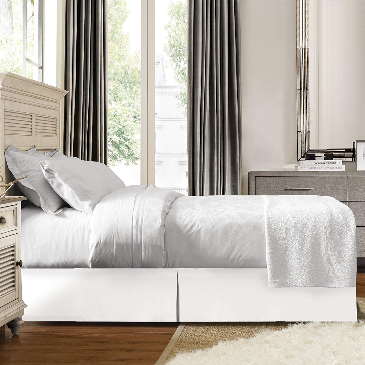 JS Sanders Solid Bedskirt Queen Size - Premium White Fitted Bed Skirt for Hotel & Home Decor - Perfect for Bedroom Makeover & Guest Room Styling