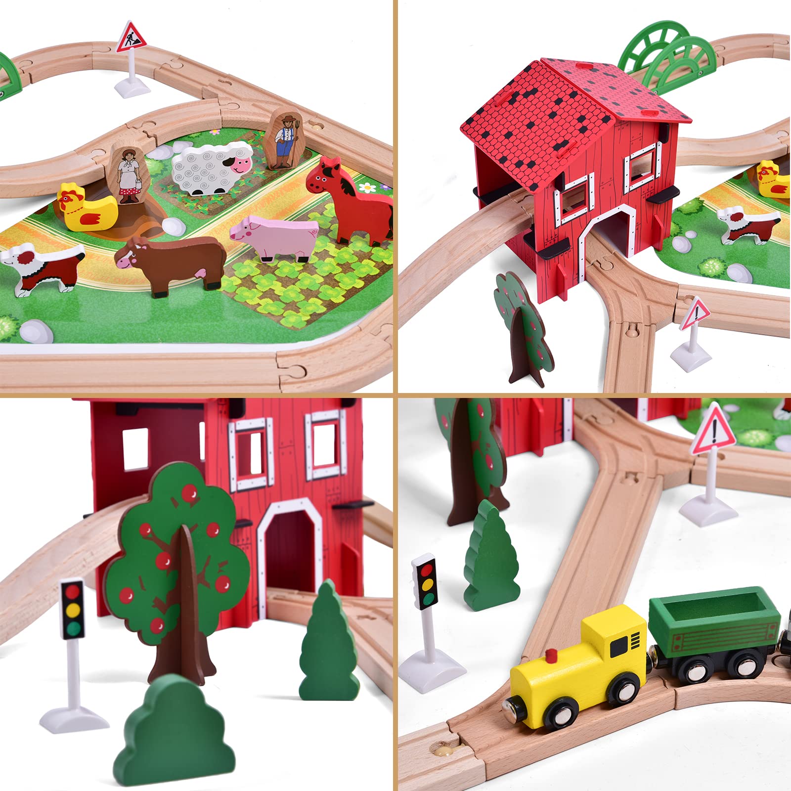 77PCS Wooden Train Set Toy for Boys & Girls - Compatible with Major Brands | Wooden Train Tracks & Farm Play Set | STEM Learning Toy for Toddlers & Preschoolers | Perfect for Birthday Gifts & Indoor Playtime