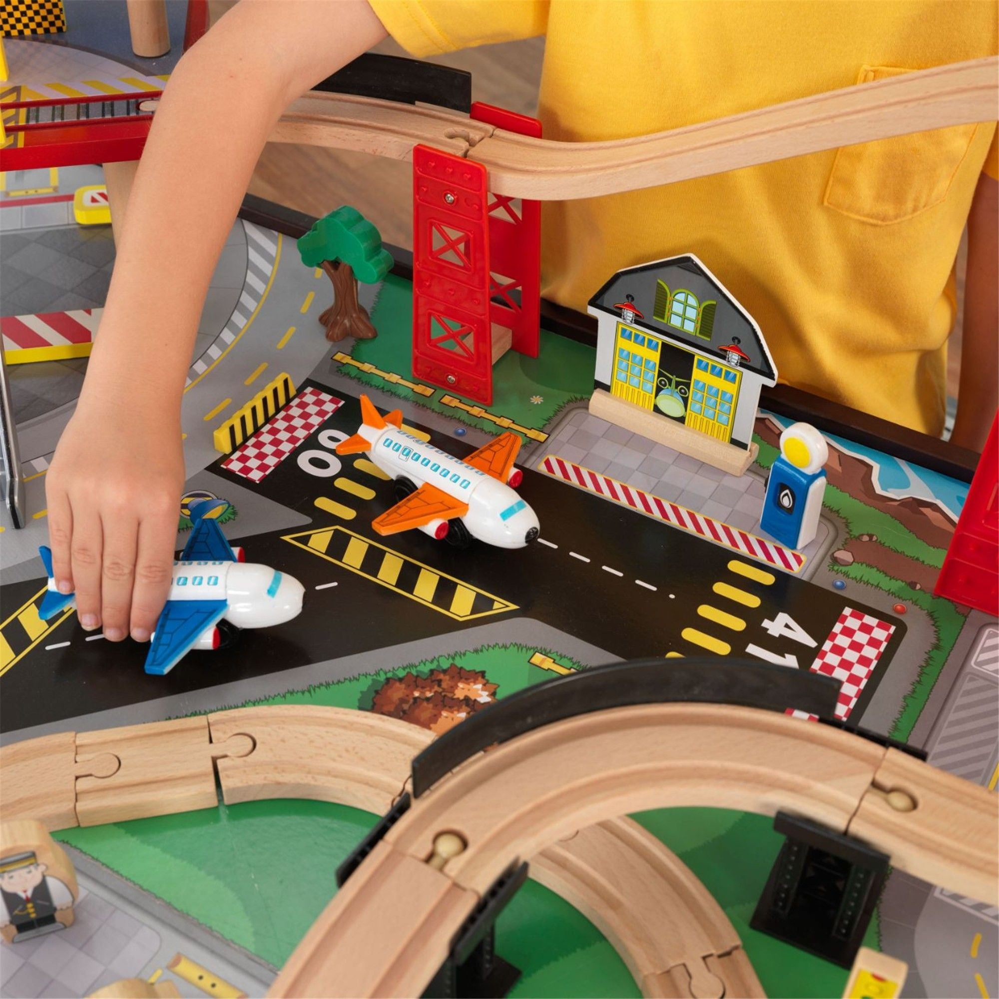 KidKraft Airport Express Espresso Wooden Train Set & Play Table - Interactive Toy for Kids Ages 3+ | Perfect for Pretend Play, Birthday Gifts & Daycare Centers