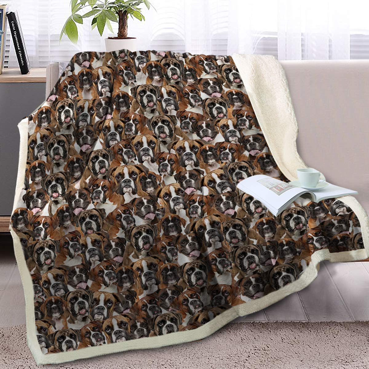 **BlessLiving Reversible Sherpa Fleece Blanket - Ultra Soft Cozy Throw with Cute Boxer Dog Print for Kids, Adults & Pets - Perfect Gift for Dog Lovers (50