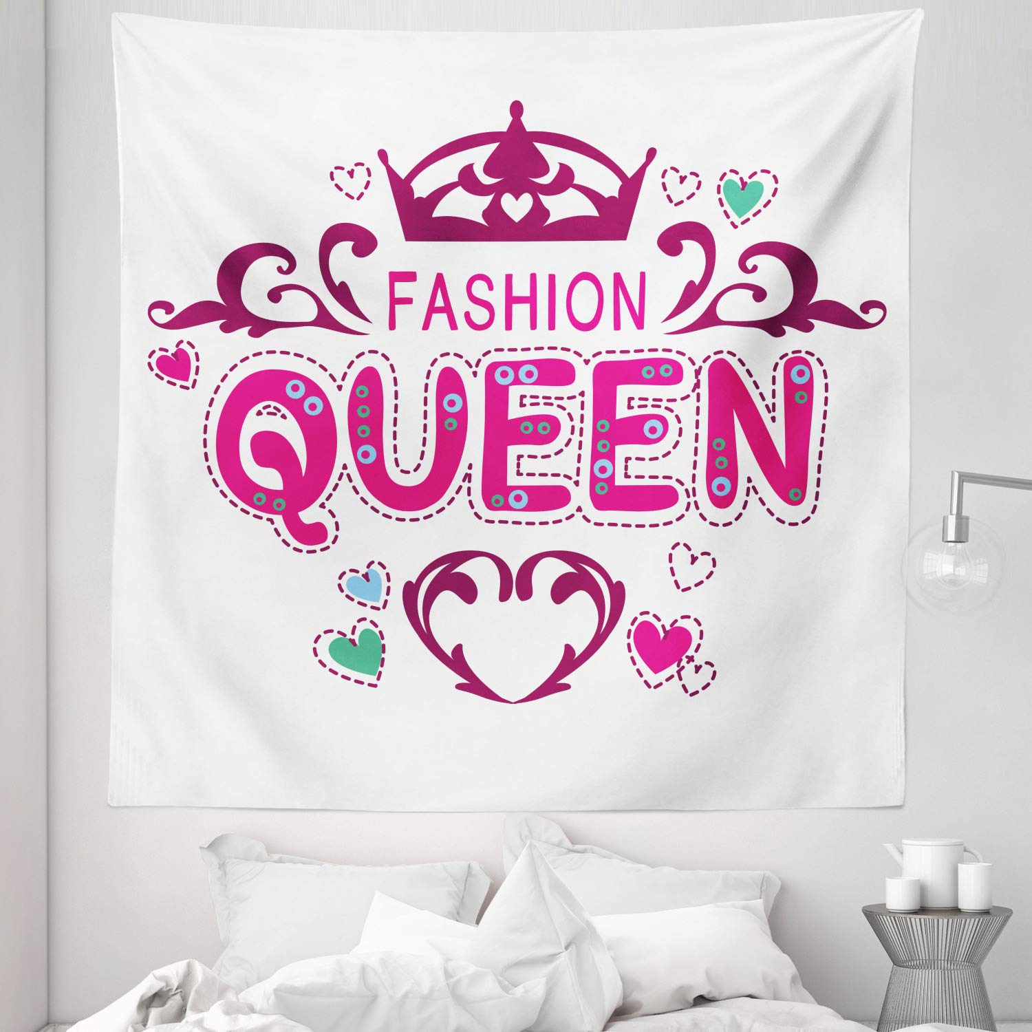 Ambesonne Queen Size Tapestry - Girlish Floral Heart Print with Fashion Lettering, 88x88 Inch Wall Hanging Bedspread & Bed Cover for Home Decor in Dried Rose Pink | Perfect for Teen Girl's Room, Dorm Decor, or Bohemian Bedroom Aesthetic
