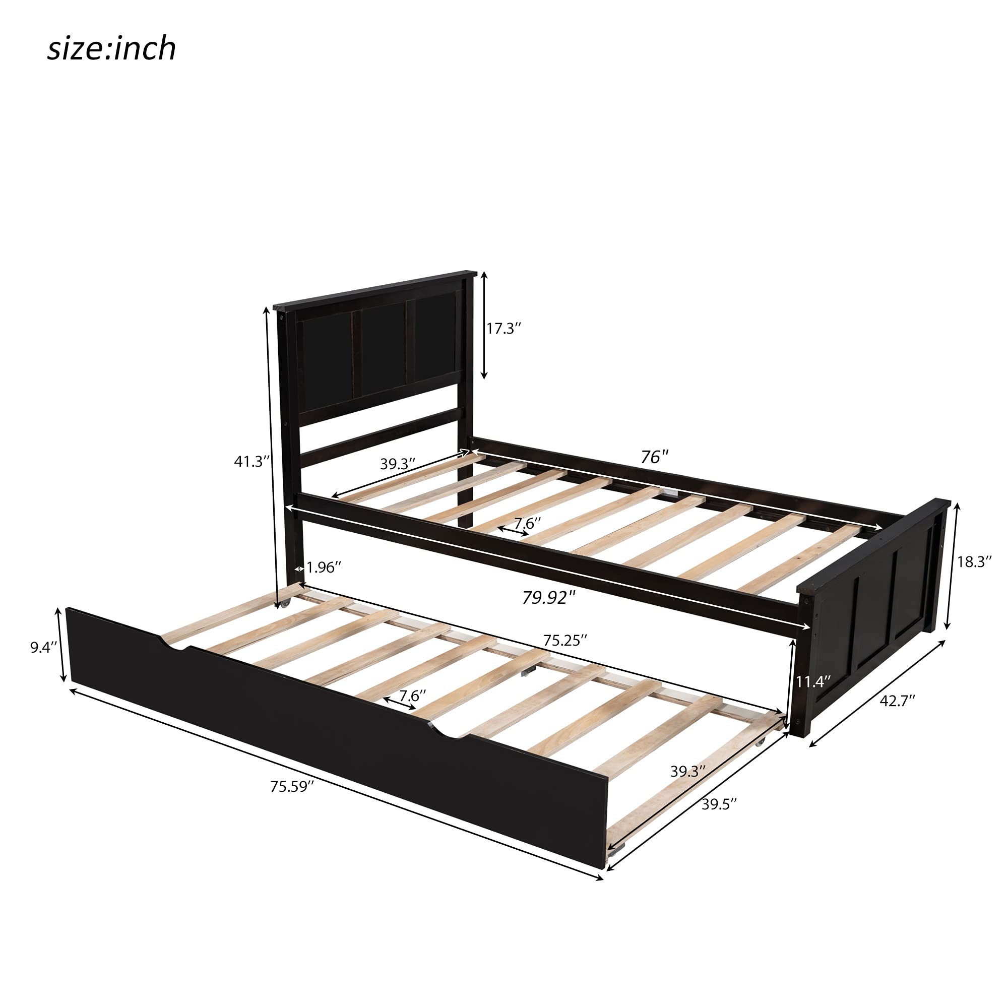 JINS&VICO Twin Size Solid Wood Platform Bed with Pull-Out Trundle - Espresso Captain Bed for Kids, Teens & Adults | No Box Spring Needed | Perfect for Guest Rooms, Dormitories & Small Spaces