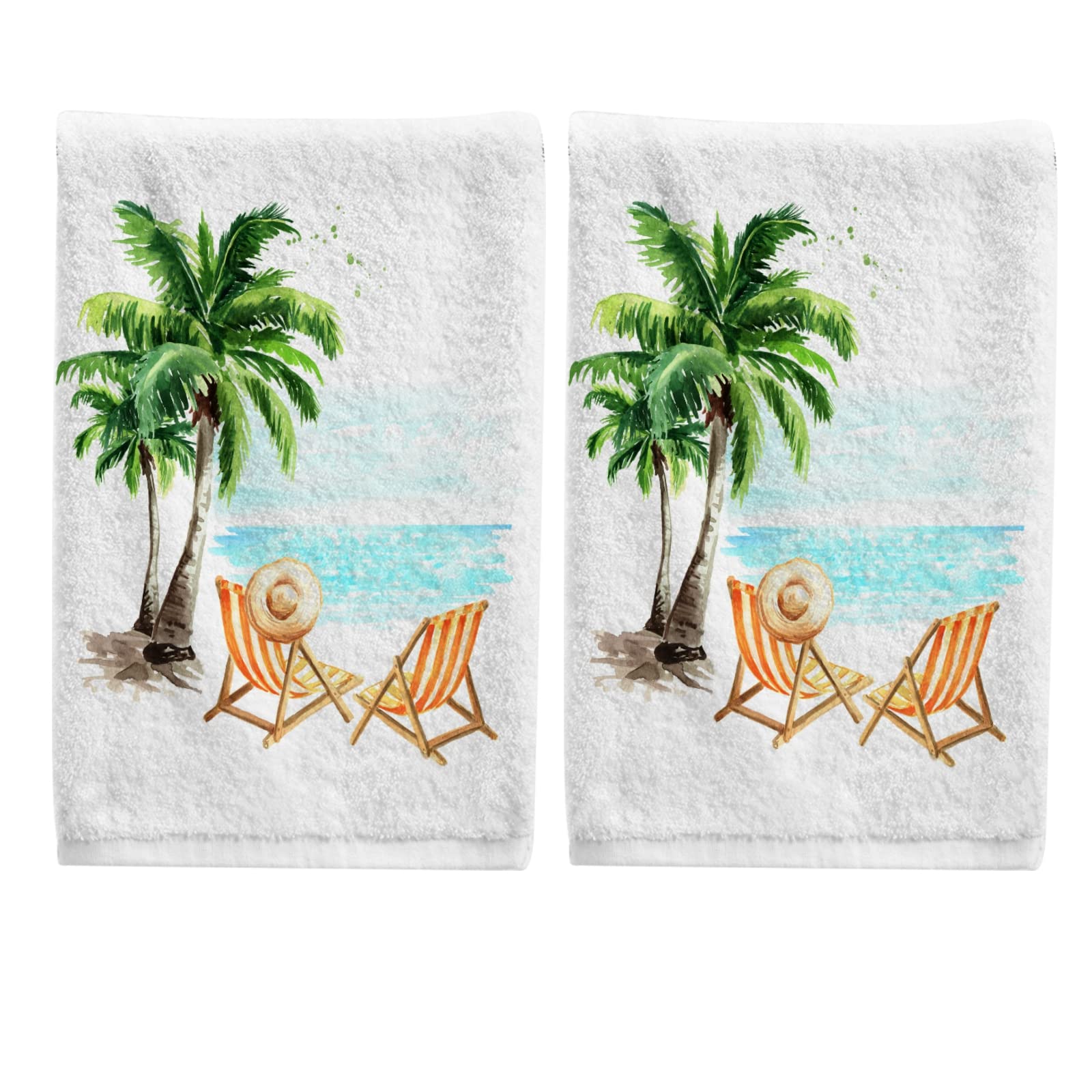 ALAZA Beach Palm Trees Bath Towels Set of 2 - 100% Cotton Soft Absorbent Hand & Face Towels 15.5x29.5 Inch for Bathroom, Kitchen & Spa - Decorative Coastal Themed Towel Set HW126