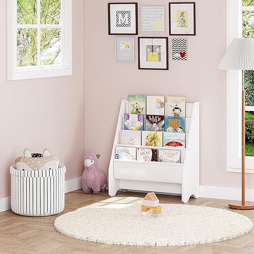 Kids Sling Bookshelf - White Book Organizer & Magazine Rack for Children's Room - Perfect for Bedroom, Playroom & Classroom Storage