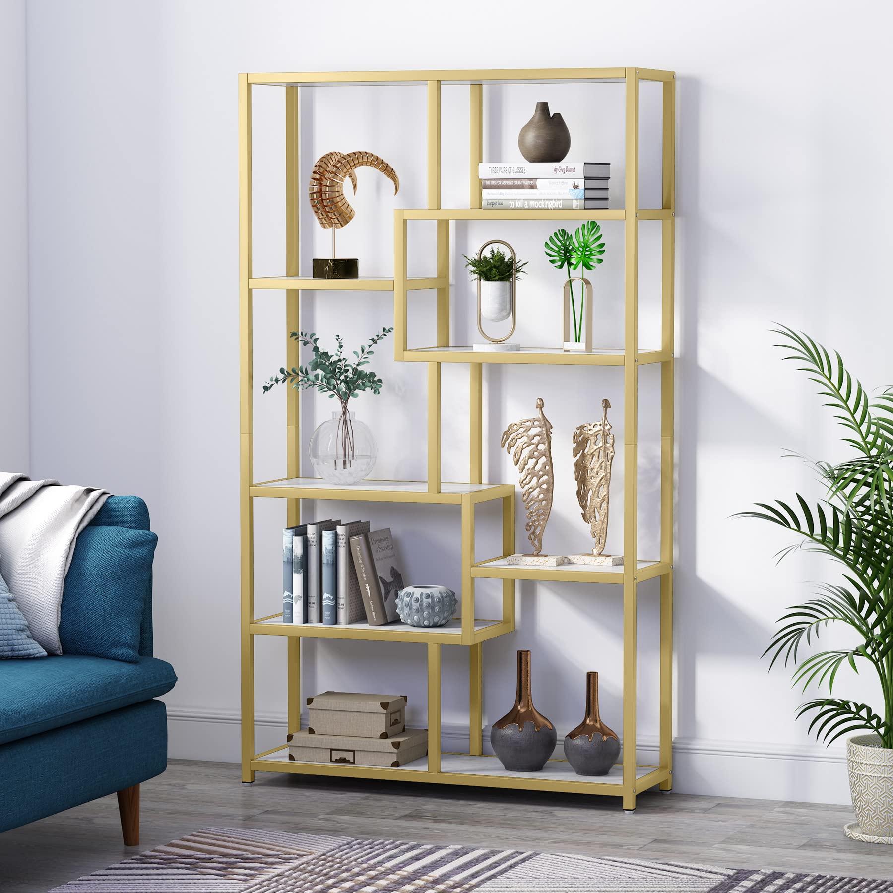 Tribesigns 8-Tier Gold Bookcase with Faux Marble Top - Modern Open Shelf Book Shelf for Home Office, Living Room & Bedroom - Stylish Storage Organizer for Books, Decor & Display Items