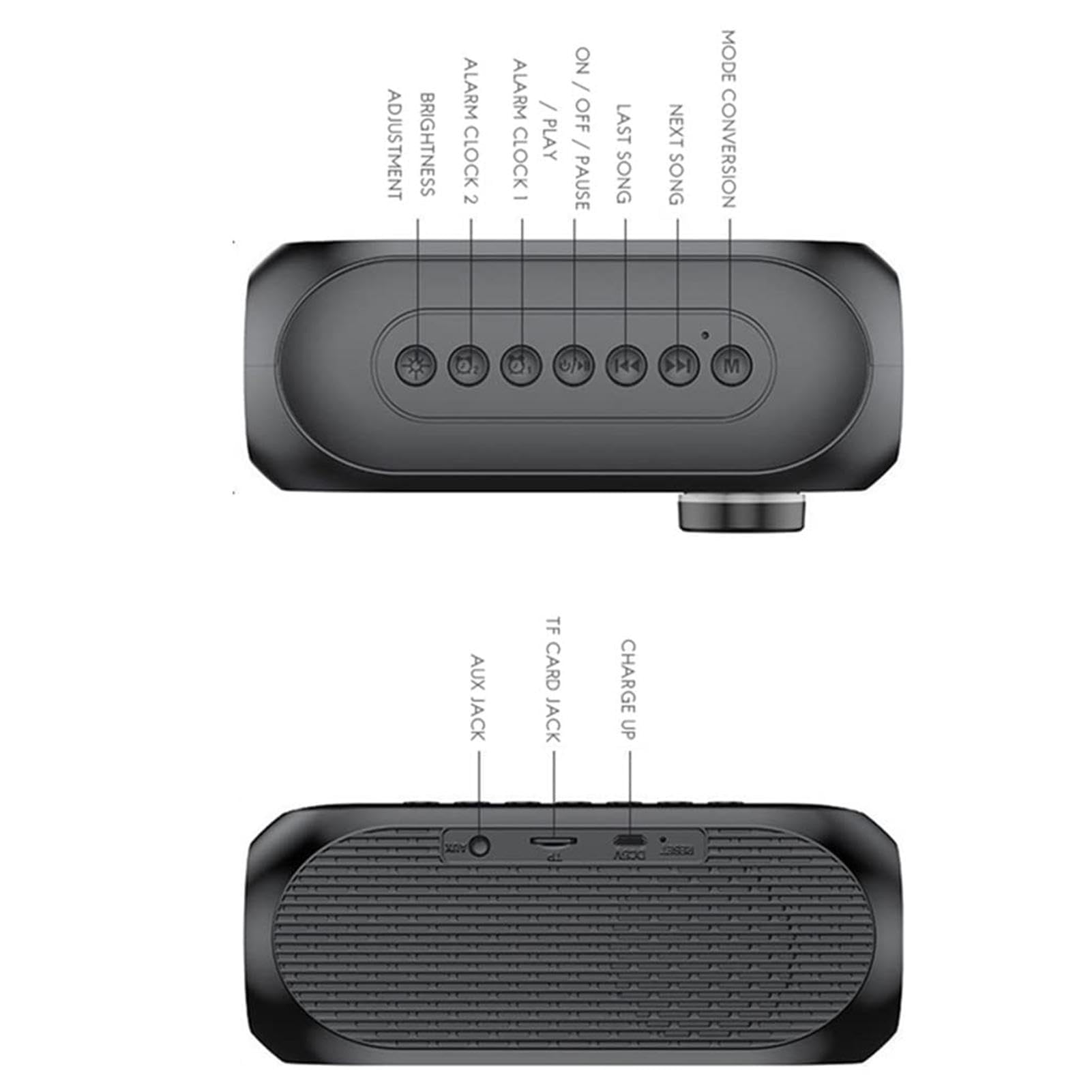 Wireless Speaker Alarm Clock with Sleep Timer - USB Rechargeable Digital Clock, LED Display, Snooze Function & White Noise Machine for Bedroom, Office, Travel (Black)