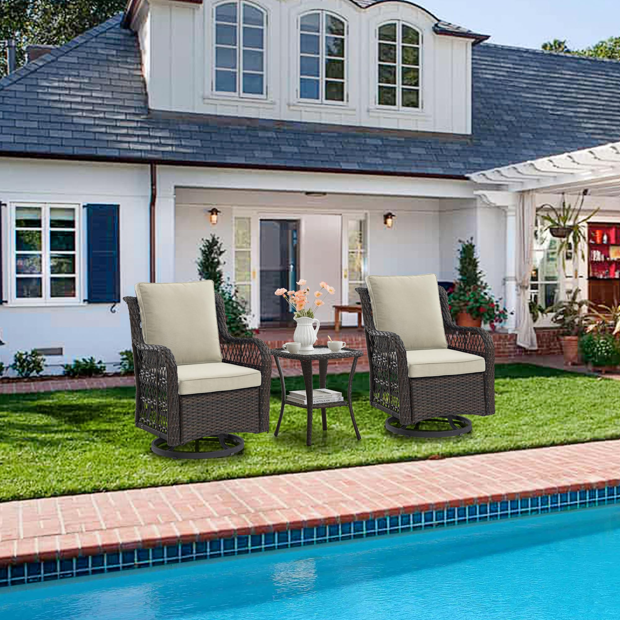GAOMON 3-Piece Outdoor Swivel Rocking Chair Set with Side Table - 360° Rotating Patio Rocker Chairs for Porch, Poolside & Garden - Dark Brown Wicker with Apricot Cushions (Perfect for Relaxing, Sunbathing & Entertaining Guests)