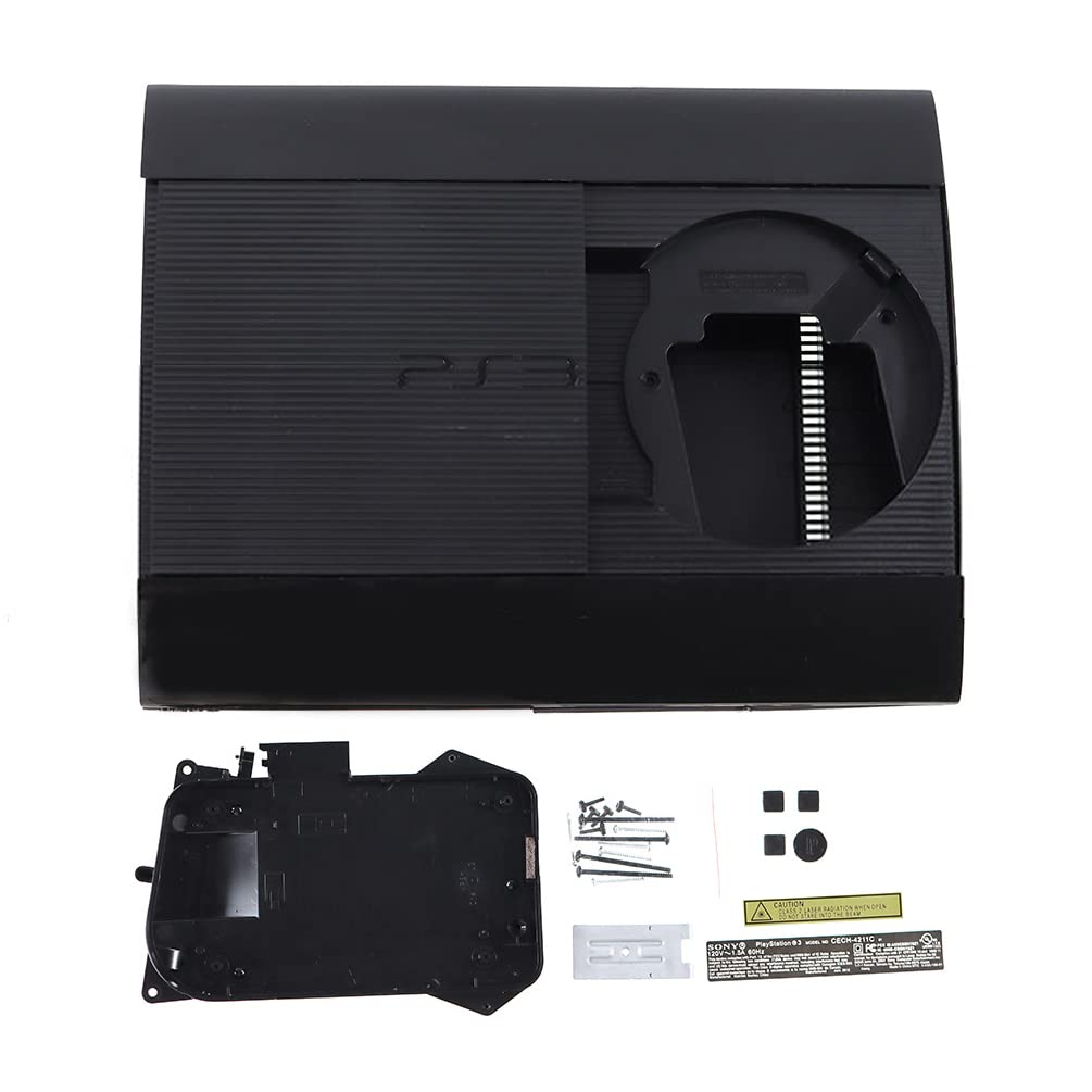 Original PS3 Playstation 3 Super Slim 4000/4012 Full Housing Shell Replacement Kit - Black Faceplate Cover with Screws & Bars | Compatible with 4K Gaming & Console Repair