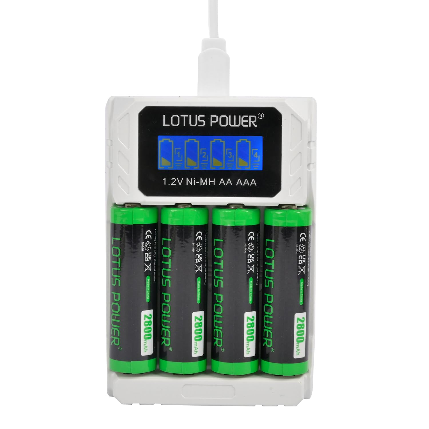 LOTUS POWER Universal 4 Slot AA/AAA Battery Charger with LCD Display & 4 Pack 1.2V Ni-MH Rechargeable Batteries - Fast Charging for Cameras, Game Controllers, Toys, and Electronics