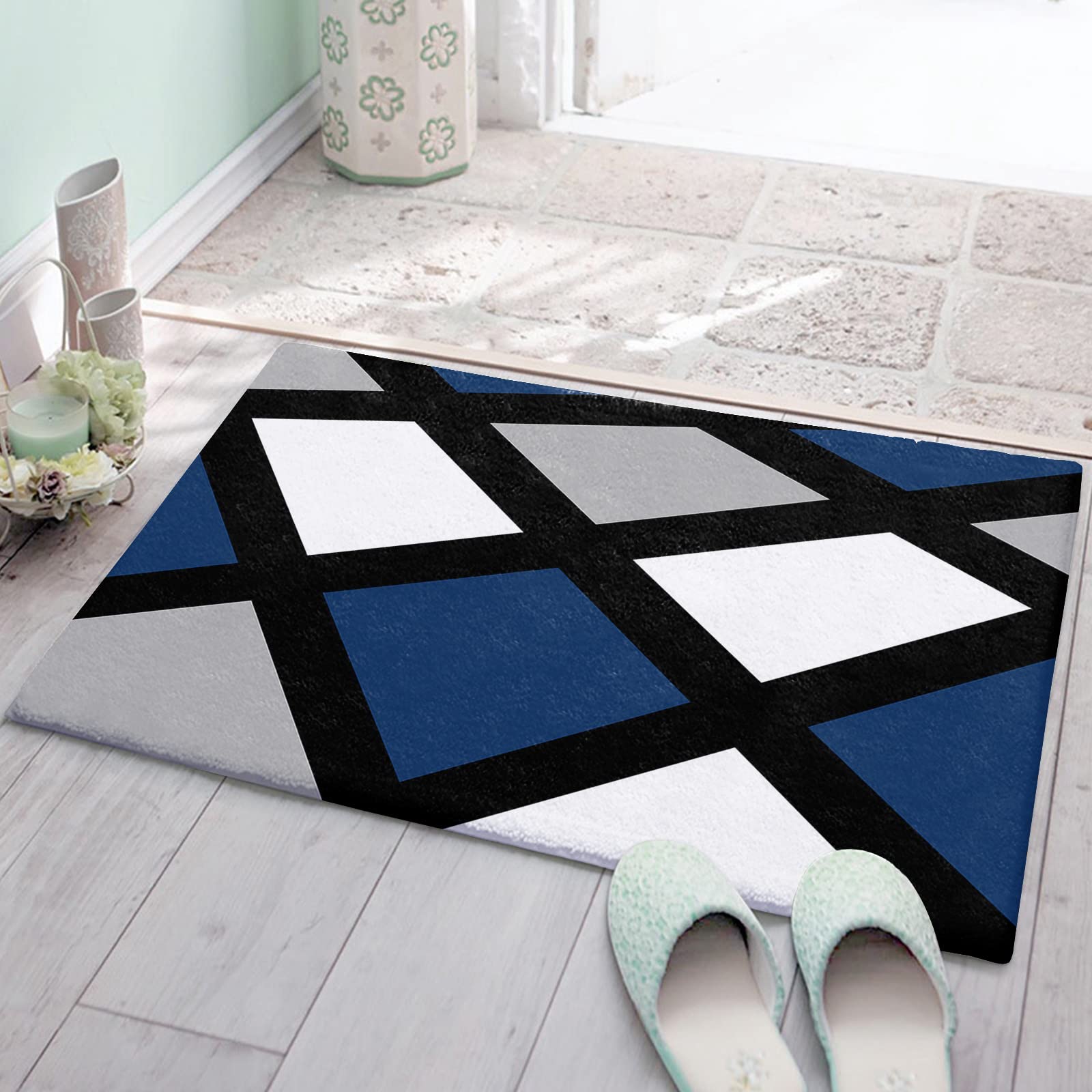 Non-Slip Fluffy Bathroom Rugs - Navy Blue & Gray Geometric Square Pattern Plush Microfiber Bath Mat, Super Absorbent & Machine Washable (24