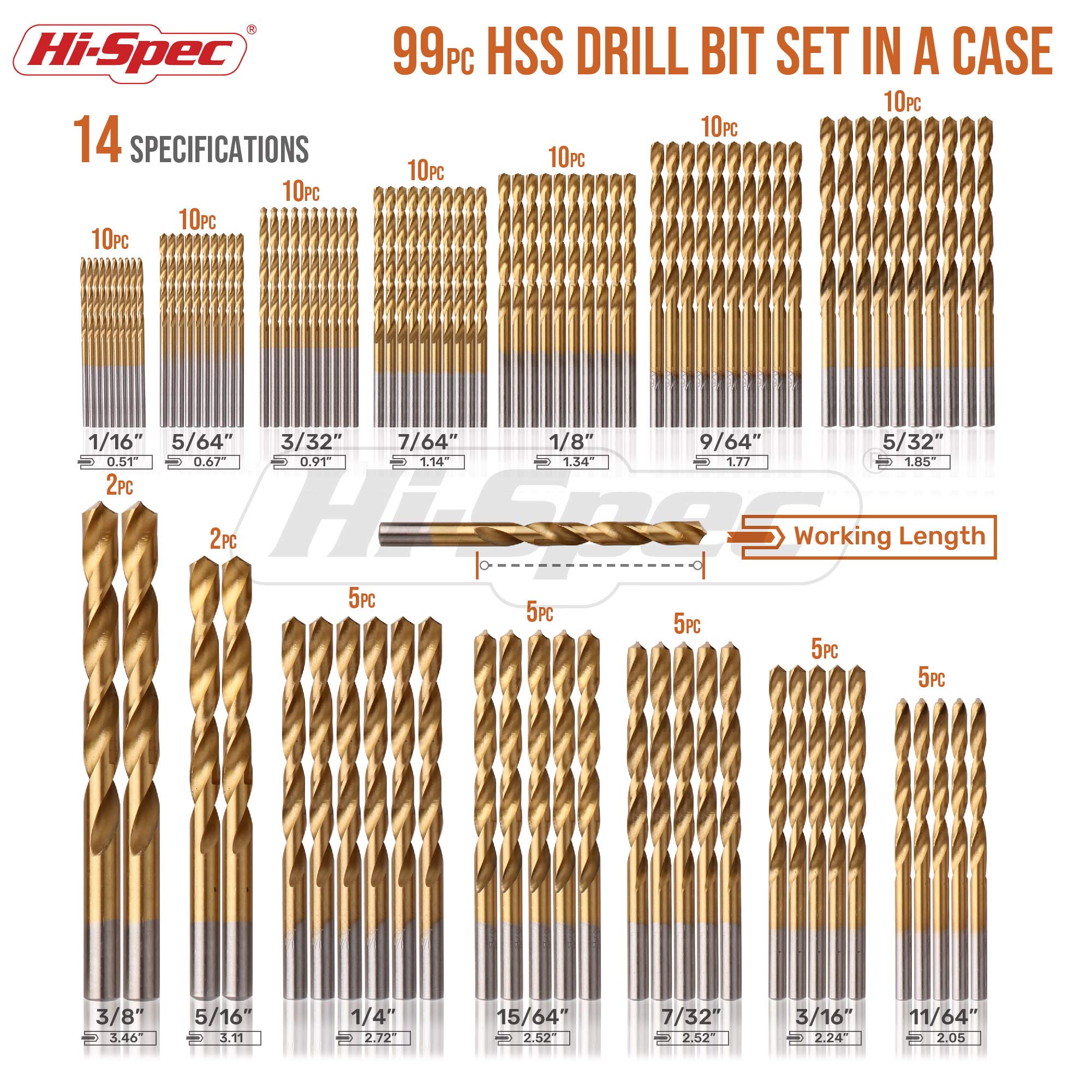 Hi-Spec 99-Piece SAE HSS Steel Drill Bit Set (1/16