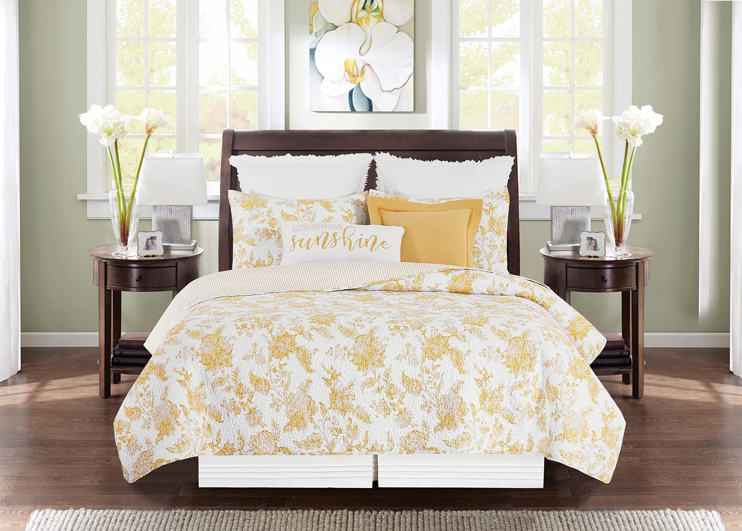C&F Home Miriam Ochre Full/Queen 3-Piece Reversible Quilt Set with 2 Standard Shams - Yellow & White Toile Floral Pattern Reverses to Stripes - Elegant Bedding for Master Bedroom or Guest Room