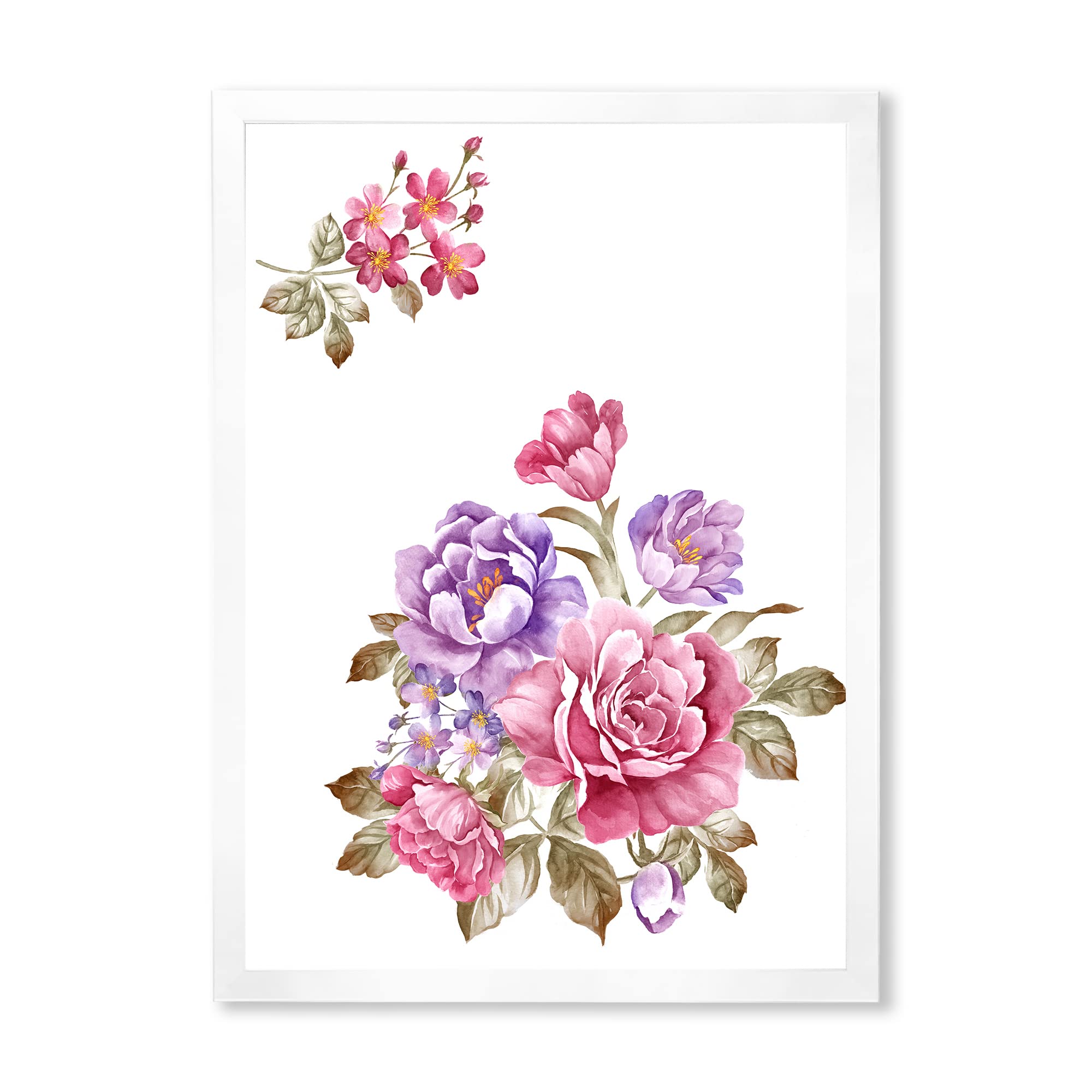 DesignQ Pink and Purple Floral Bouquet Framed Wall Art - Farmhouse Style Home Decor for Living Room, Bedroom & Office