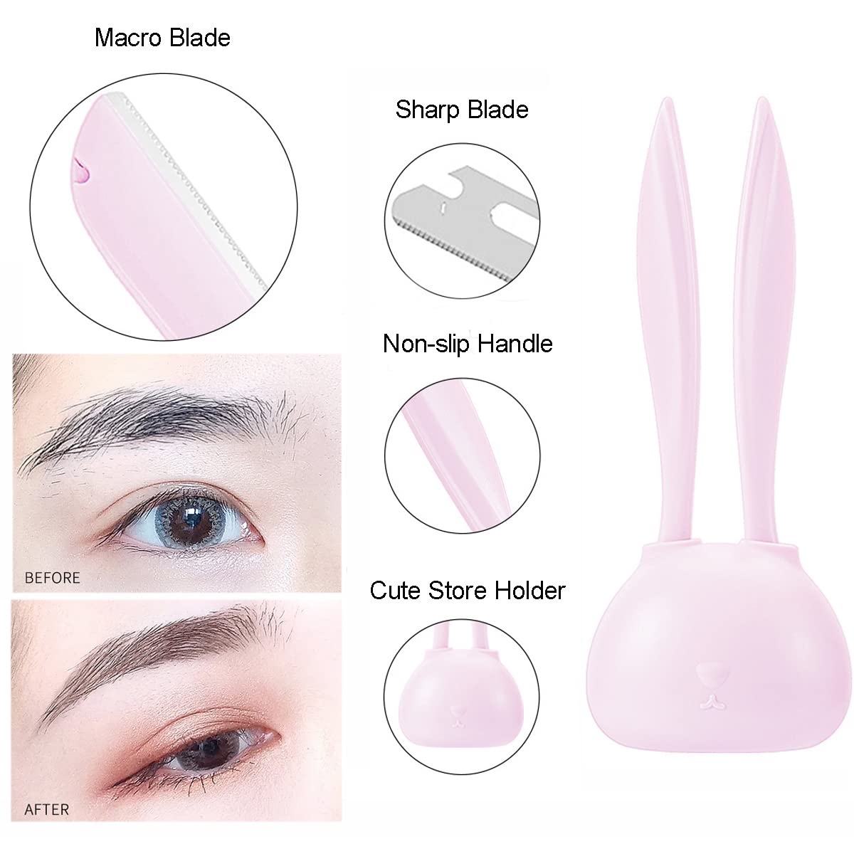Eyebrow Razors for Women - 2 Pack Cute Rabbit Ear Facial Hair Trimmer with Dustproof Holder | Painless Dry Use | Perfect for Eyebrow Shaping & Facial Hair Removal at Home (Pink)
