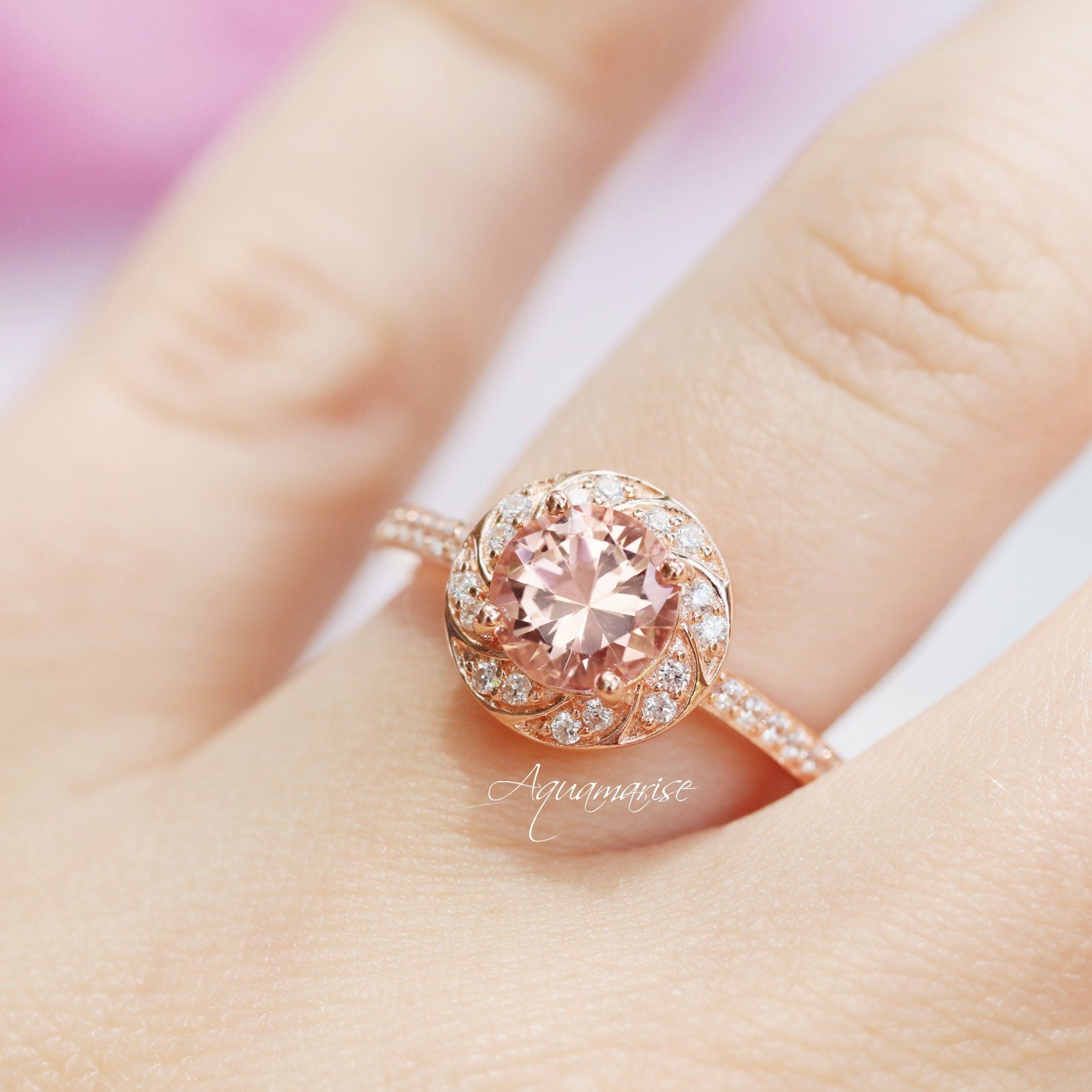 14K Solid Rose Gold Twisted Halo Morganite Engagement Ring - Perfect for Proposals, Anniversaries & Bridal Jewelry