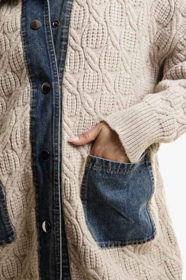 Stylish Denim Collar Sweater Jacket for Women - Cozy Knit Cardigan with Fashionable Denim Accents | Perfect for Fall Layering, Casual Outfits & Office Wear