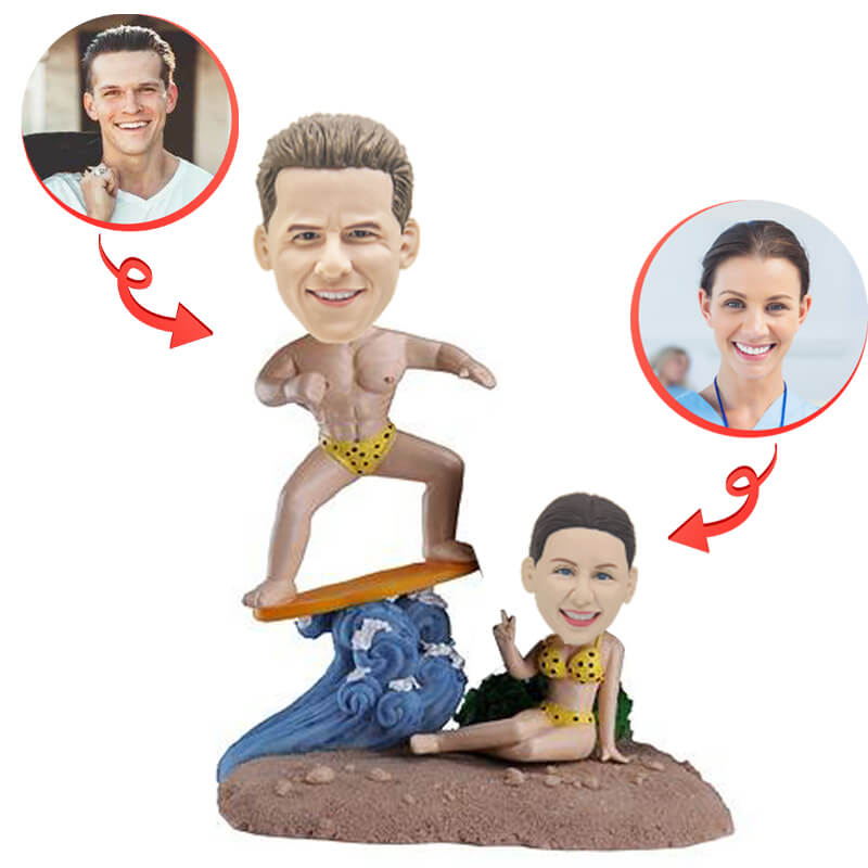 Custom Beach Surfer Couple Bobblehead - Personalized Figurine Gift for Anniversaries & Weddings - Perfect for Beach Themed Decor & Couples Gifts