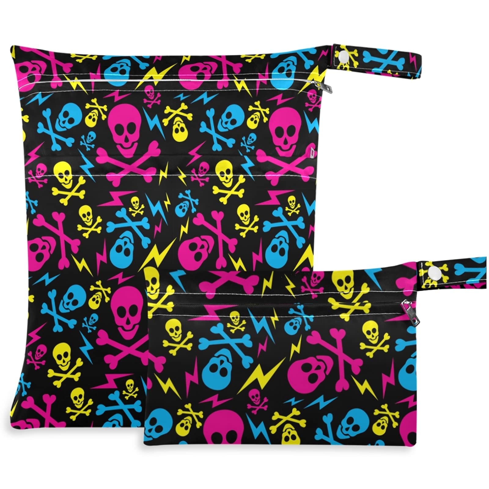 Visesunny Colorful Skull 2-Piece Wet Bag Set with Zippered Pockets - Washable & Reusable Waterproof Diaper Bag for Travel, Beach, Daycare, Gym - Perfect for Strollers, Swimsuits, Dirty Clothes & Toiletries Storage