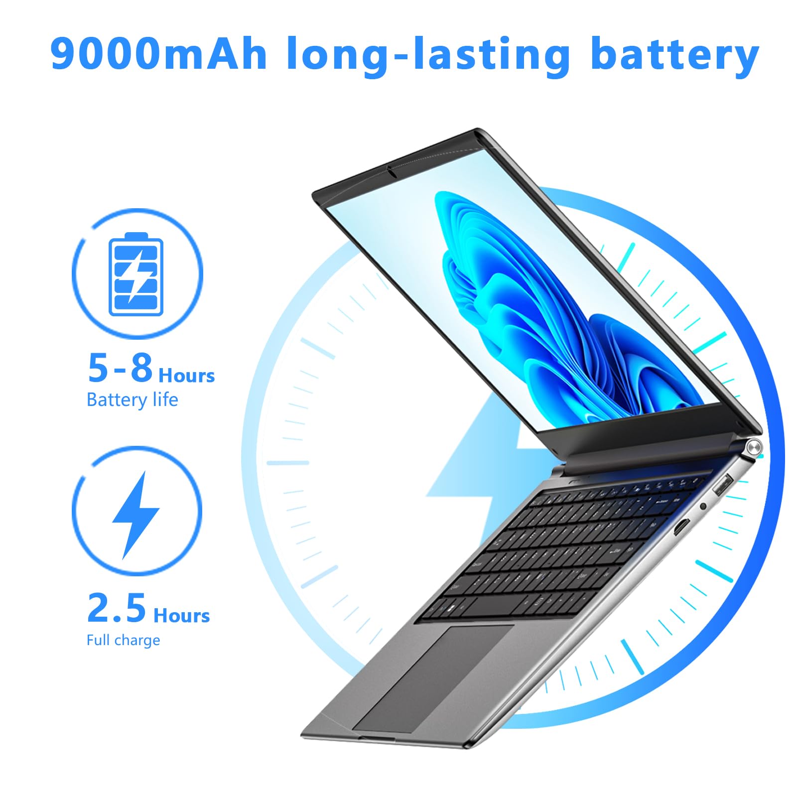 Morostron 16-inch Portable Laptop - 8GB DDR RAM, 256GB SSD (Expandable to 1TB), Intel Pentium Quad-Core CPU up to 2.6GHz, 9000mAh Battery, Mini HDMI & USB 3.0 Ports, Dual-Band WiFi, HD Webcam - Perfect for Work, Study & Travel