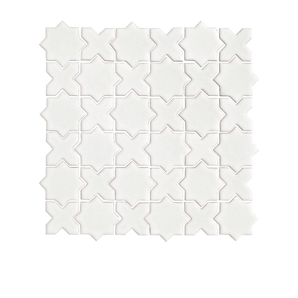 Handmade San Miguel White 50x50 Star & Cross Glossy Mosaic Tile - Perfect for Kitchen Backsplash, Bathroom Walls & Mediterranean Style Home Decor
