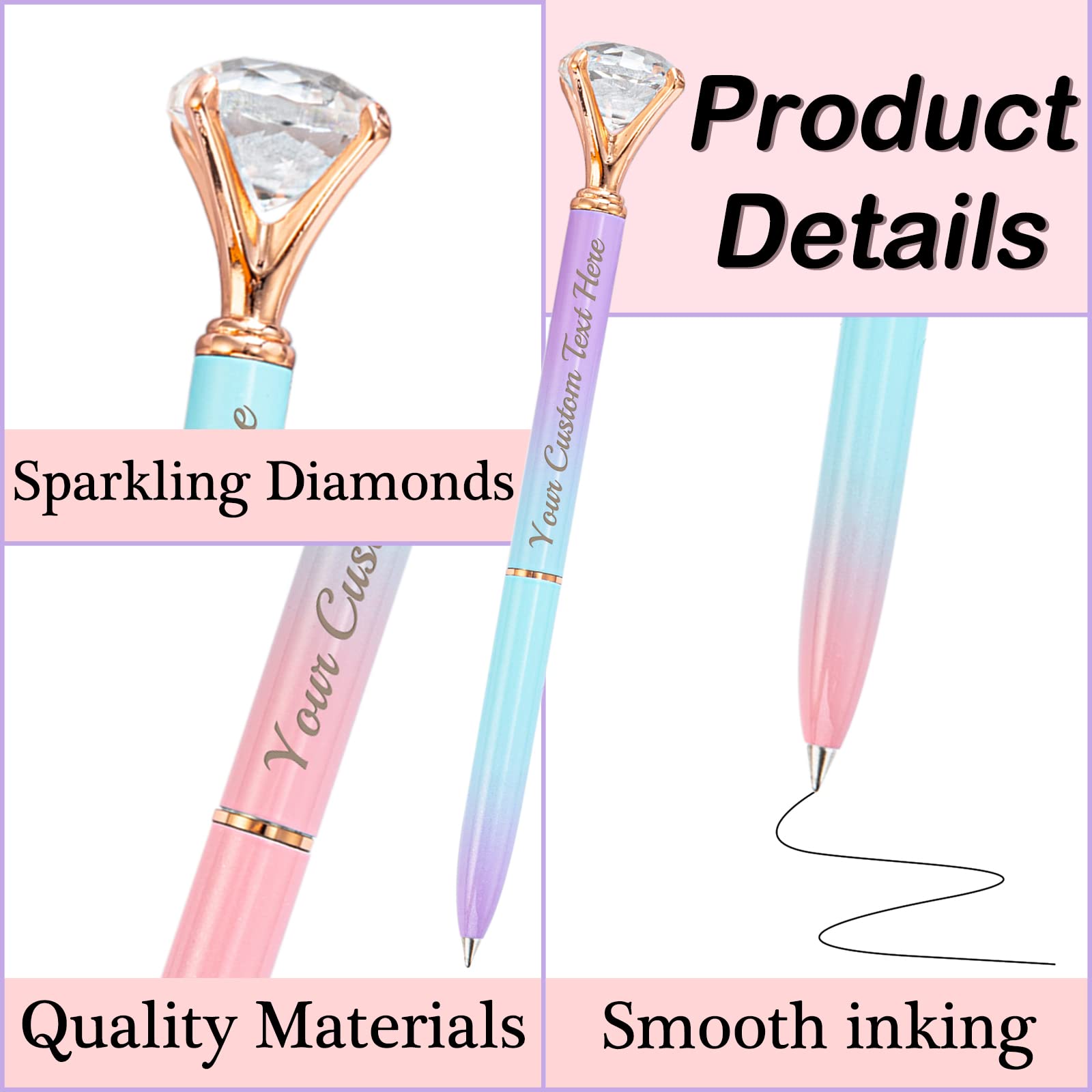 STREADVE 60-Piece Personalized Pens with Name - Custom Diamond Ballpoint Pens with Free Engraving, Logo & Text - Smooth Writing Gifts for Women, Girls, Wedding, Birthday & Business Office (Black Ink, Pink, Blue) - Perfect for Corporate Events, Graduation Favors & Promotional Giveaways