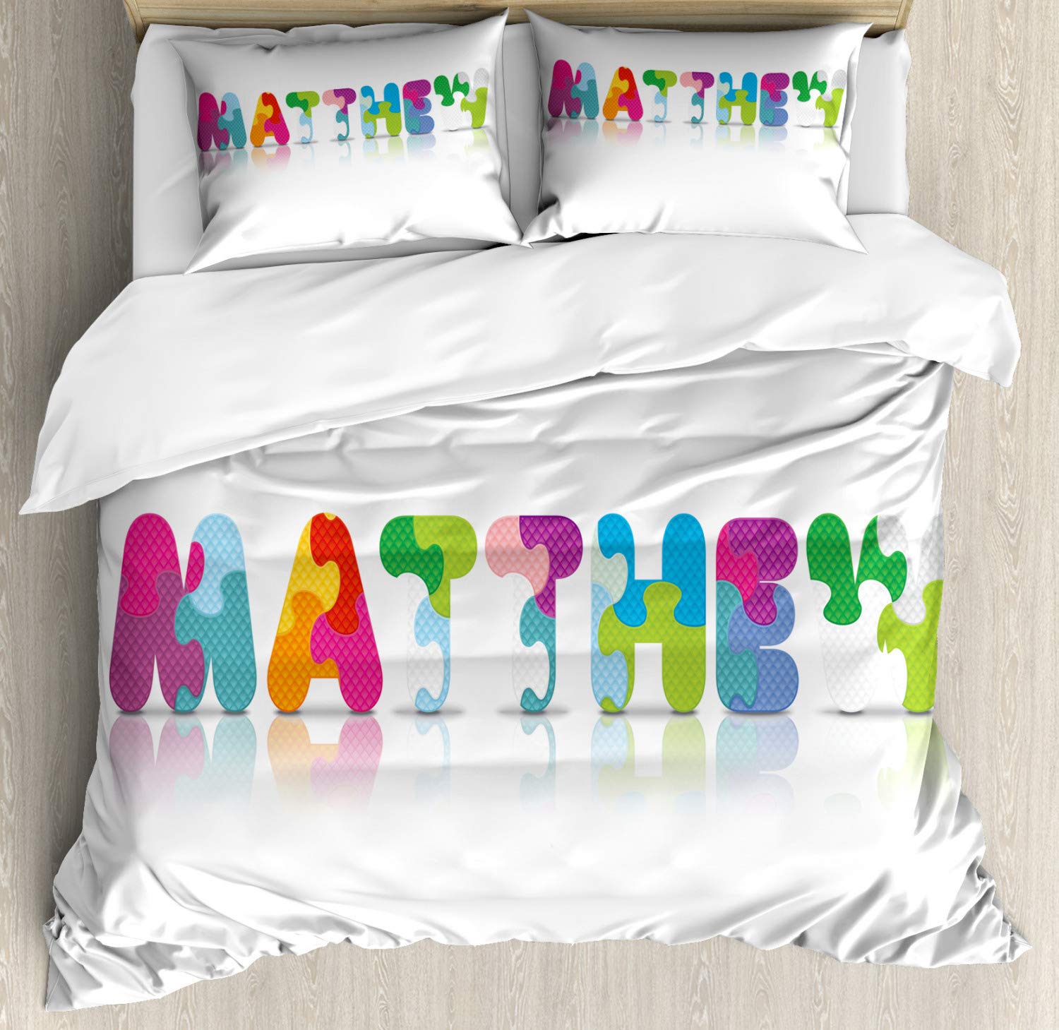**Ambesonne Matthew King Size Duvet Cover Set - Colorful Game Alphabet Name Design, 3 Piece Bedding Set with 2 Pillow Shams, Multicolor | Stylish & Decorative for Kids' Room, Teen Bedroom, or Dorm Decor**