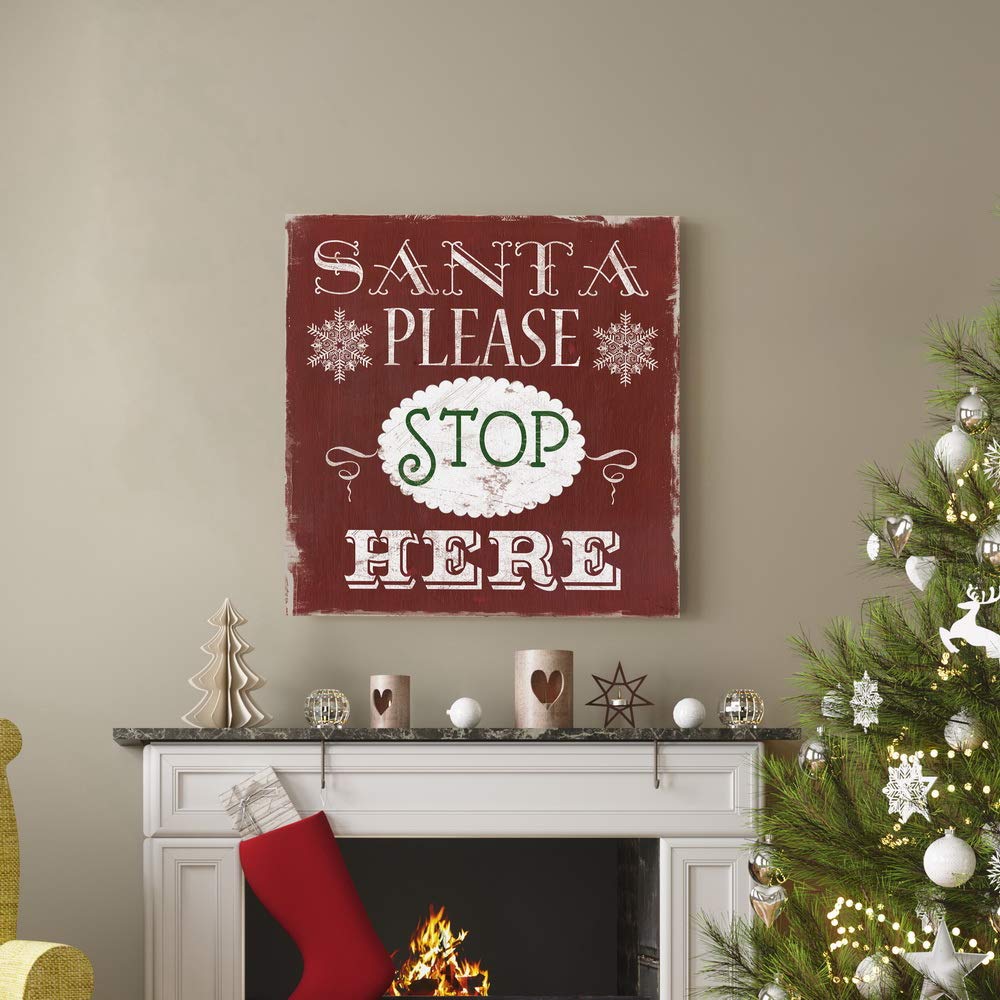 Santa Please Stop Here Wall Art - Cute Christmas Winter Canvas Painting, Festive Red & Green Holiday Decor - Premium Gallery Wrapped Ready to Hang - 40x40 Inches - Made in USA - Perfect for Living Room, Bedroom & Office Christmas Decoration