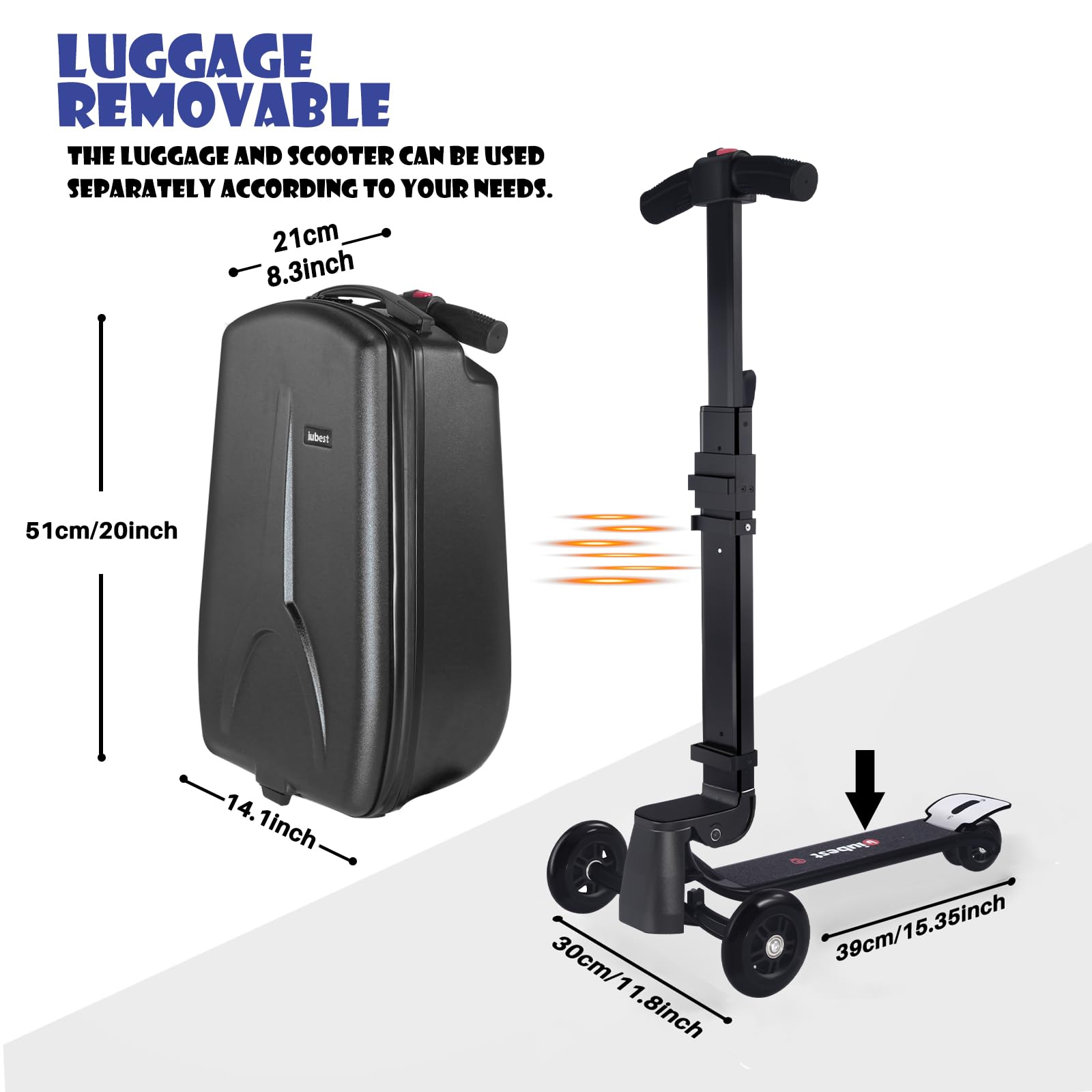 iubest 4-in-1 Detachable Foldable Scooter Luggage for Kids Age 4-15 | Ride On Travel Trolley & Carry On Suitcase Combo - Black | Perfect for Airports, Theme Parks & Family Vacations