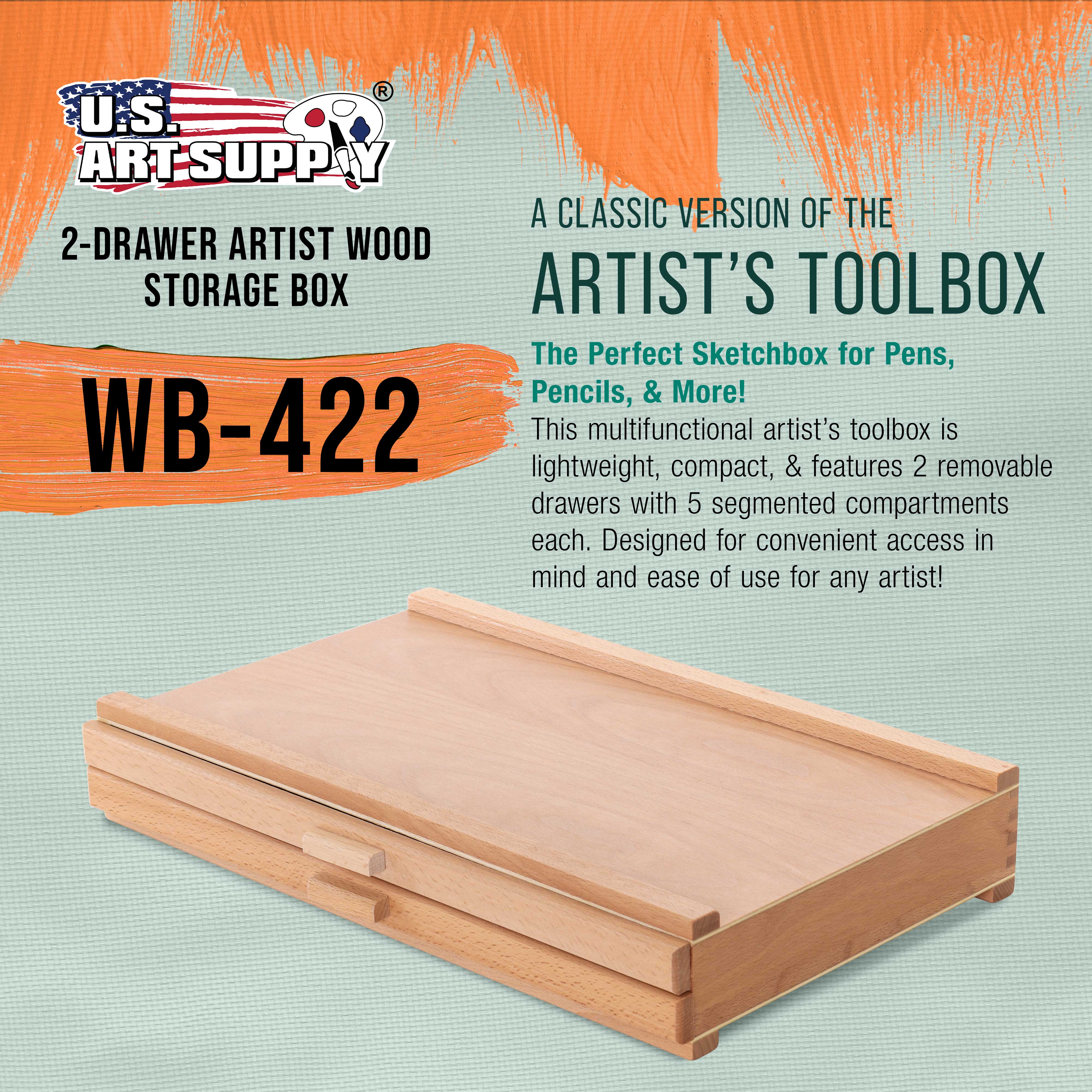 2-Drawer Artist Wood Storage Box for Pastels, Pens, Markers & Art Supplies | Elm Hardwood Construction with 5 Compartments per Drawer | Perfect for Drawing, Sketching & Blending Tools Organization in Studio or Classroom