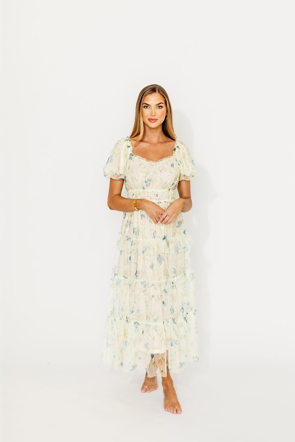 Martha Puff Sleeve Midi Dress in Ivory - Elegant Floral Print Women's Summer Dress for Wedding, Party & Vacation | Breathable Cotton Blend A-Line Dress