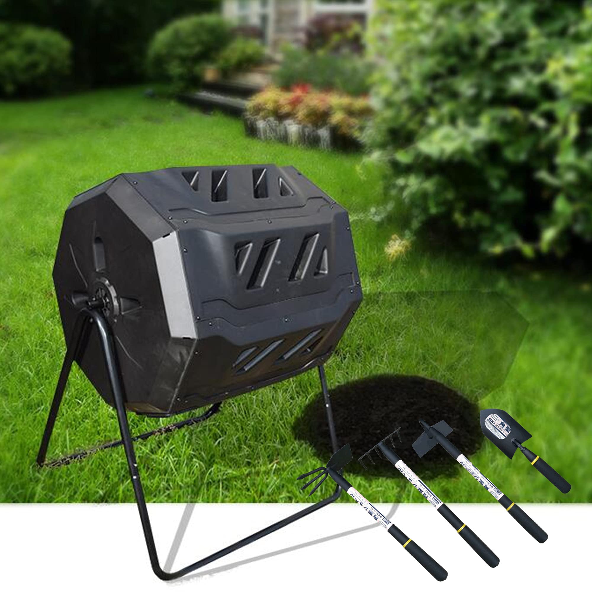 HBIAO Outdoor Compost Tumbler with Garden Shovel Set - Dual Rotating Compost Bin with 2 Sliding Doors, BPA Free & UV Resistant - Large Capacity Garden Waste Composter for Organic Recycling & Sustainable Gardening