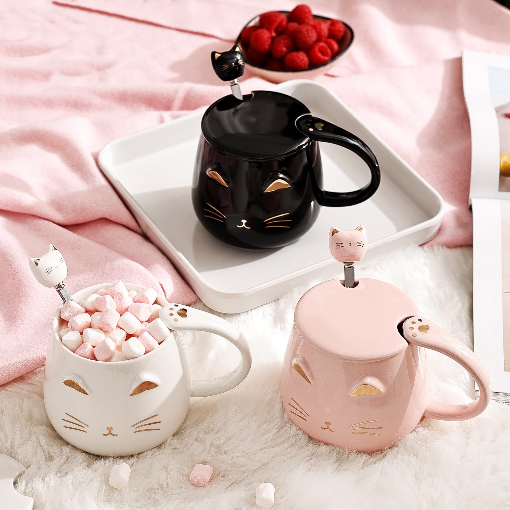 3-Piece Ceramic Cat Mug Set with Lid, Spoon & Coaster - 13oz Cute Cat Coffee Cups for Women, Kids & Cat Lovers - Perfect Christmas Birthday Gift (Black, White, Pink) - Ideal for Tea, Coffee & Hot Chocolate at Home or Office