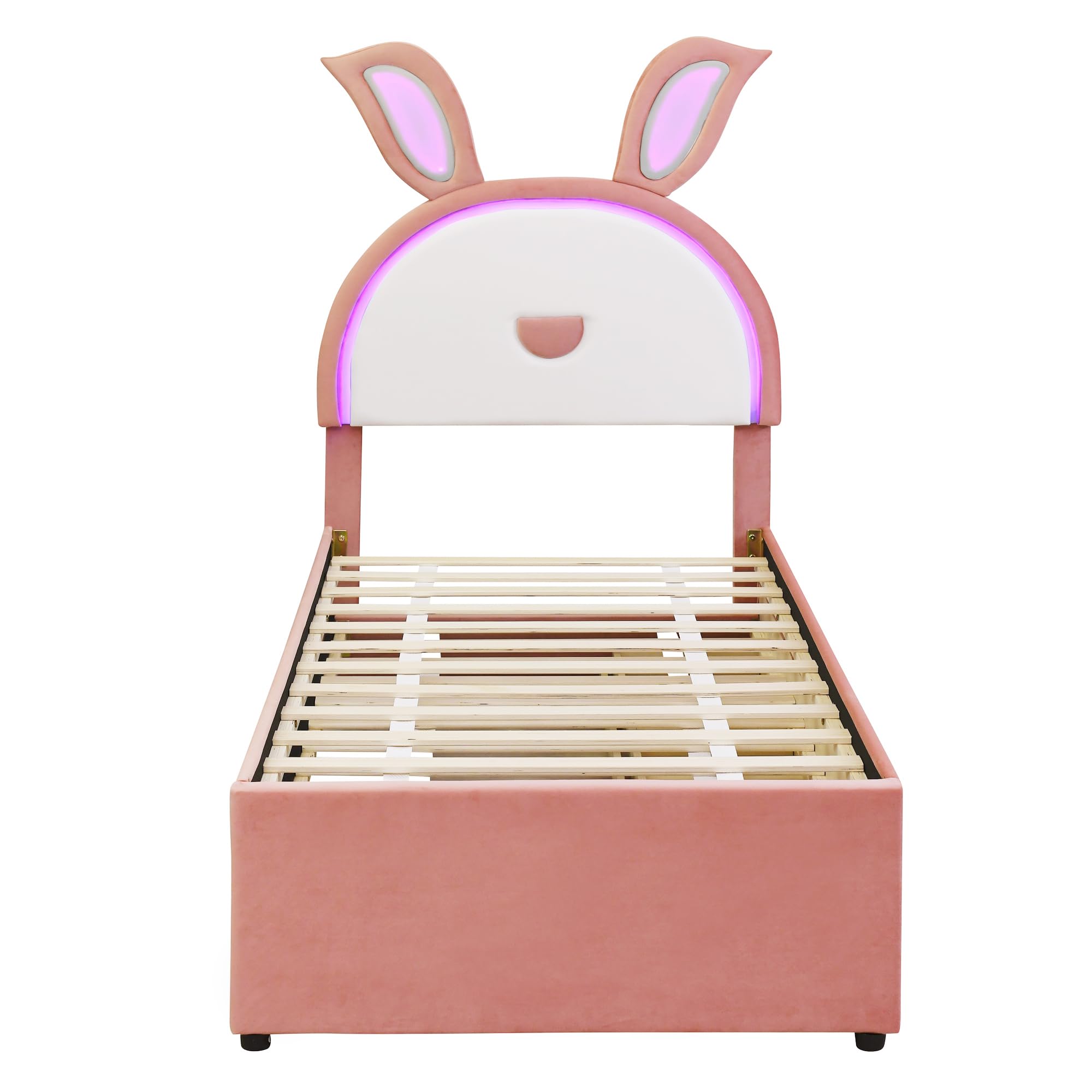 P PURLOVE Twin Size Wooden Platform Bed Frame with Rabbit-Shaped Headboard - Upholstered Bed with Trundle, 3 Storage Drawers & LED Lights - No Box Spring Required - Easy Assembly - Pink - Perfect for Kids Rooms, Teen Bedrooms & Nursery Decor