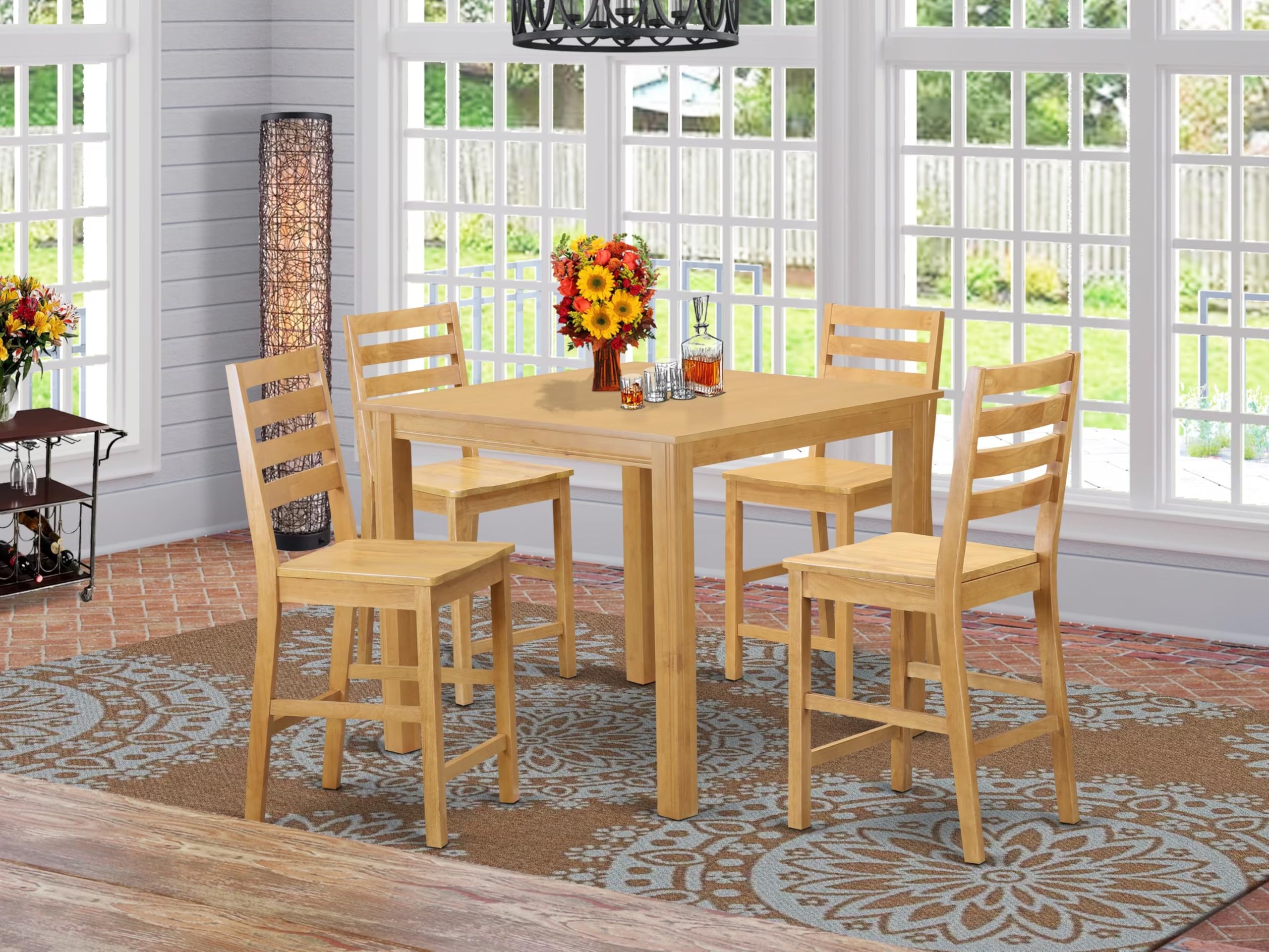 East West Furniture 5-Piece Counter Height Pub Set with Square Table & 4 Chairs - 42x42 Inch Oak - Perfect for Kitchen, Dining Room & Small Space Entertaining