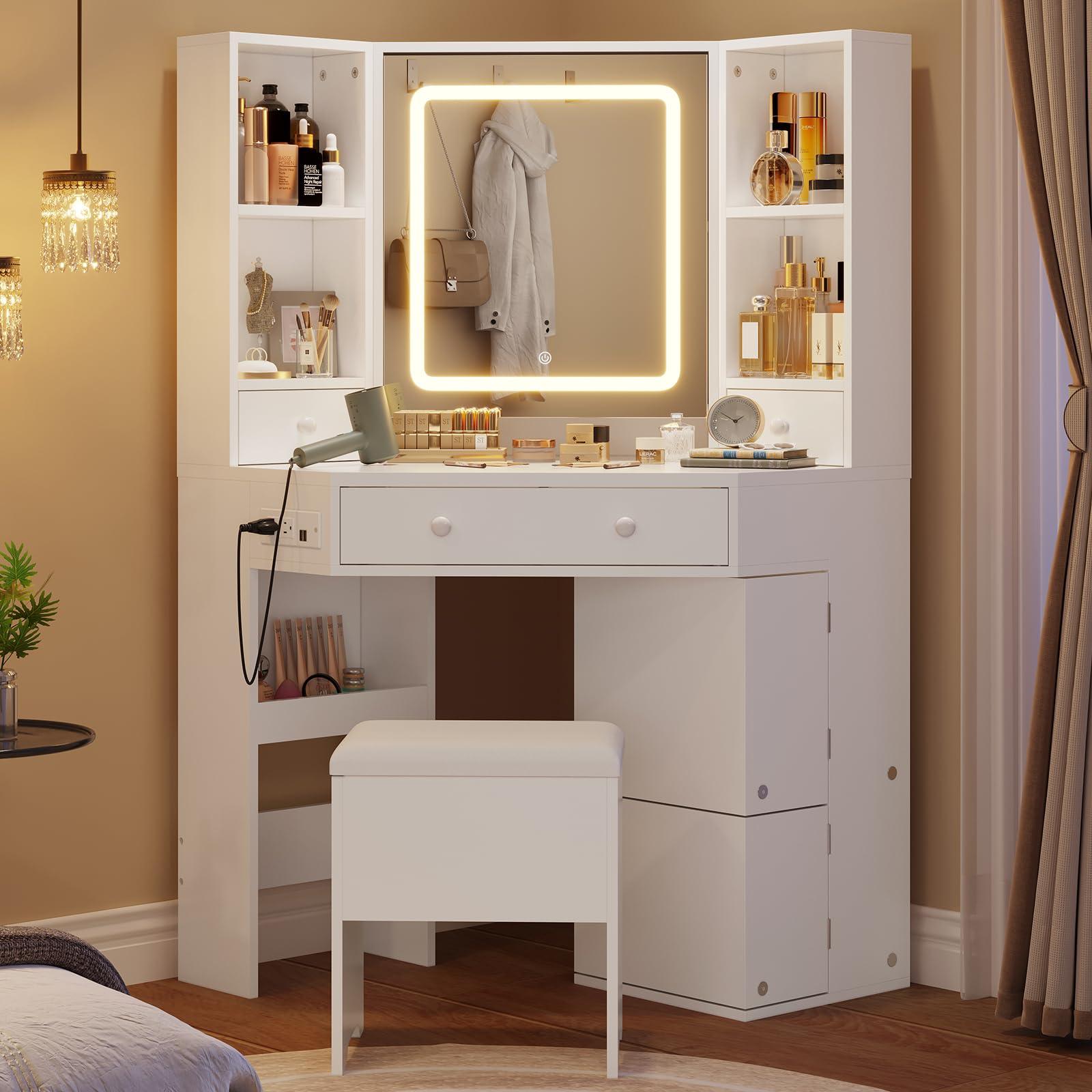 Modern White L-Shaped Vanity Desk with Mirror Lights & Storage - 3 Light Settings for Women & Girls - Perfect for Bedroom & Dressing Room