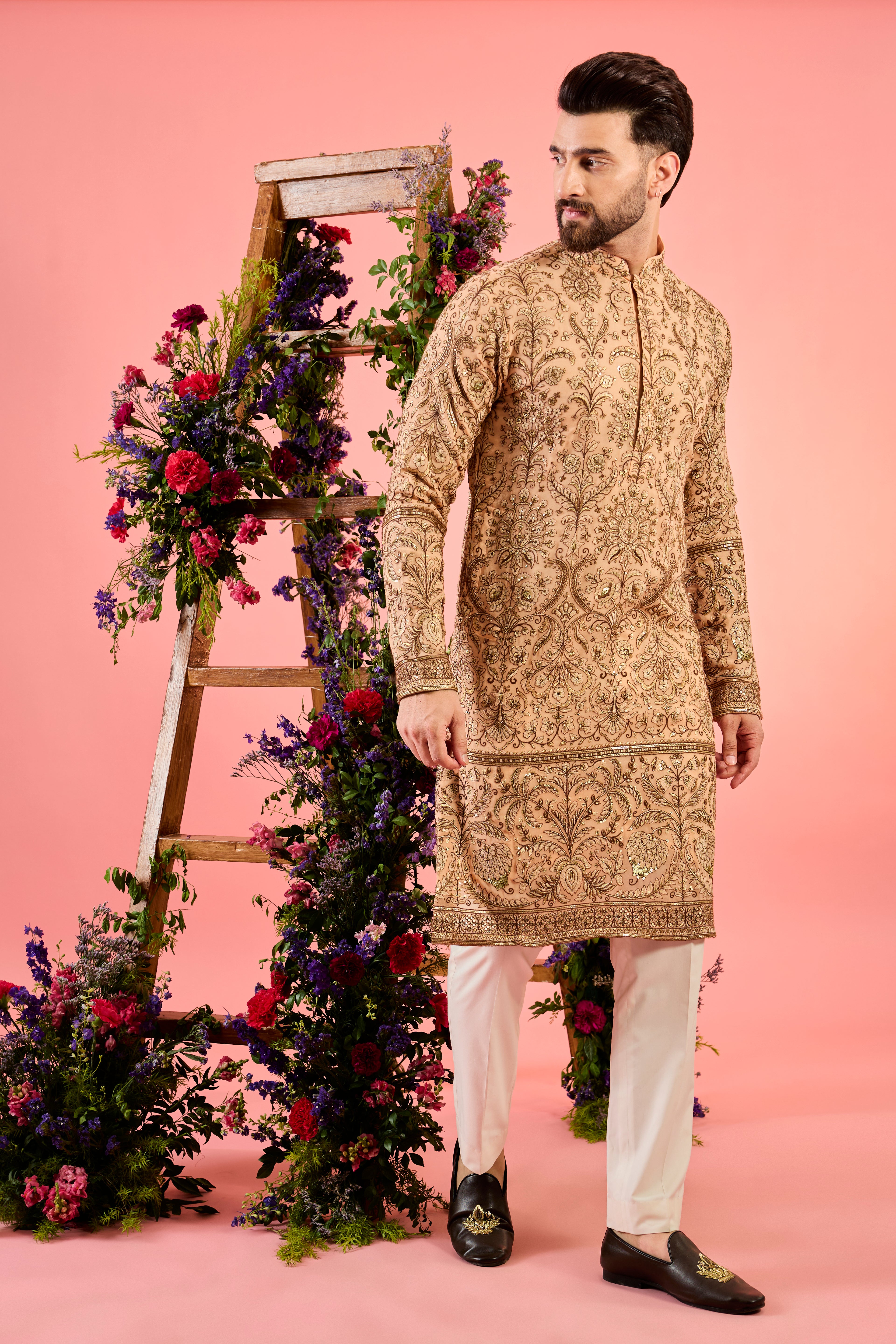 Elegant Peach Chinkari Kurta with Intricate Floral Zari Embroidery - Perfect for Festivals, Weddings & Ethnic Occasions