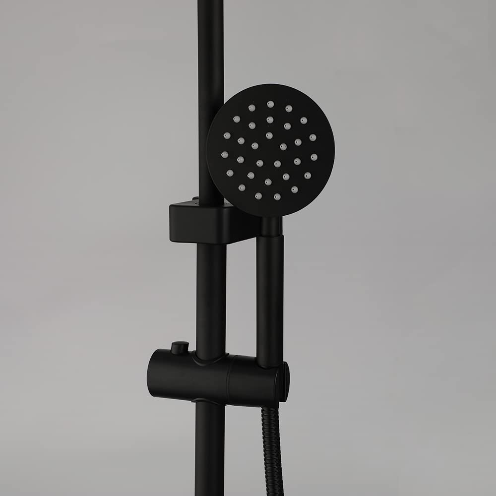 KECTIAKL Matte Black Outdoor Shower System - 8 Inch Rainfall Shower Head with 3 Spray Modes, Wall Mounted Bathroom Shower Fixtures Set Including Shower Caddy - Perfect for Backyard, Poolside, and RV Use