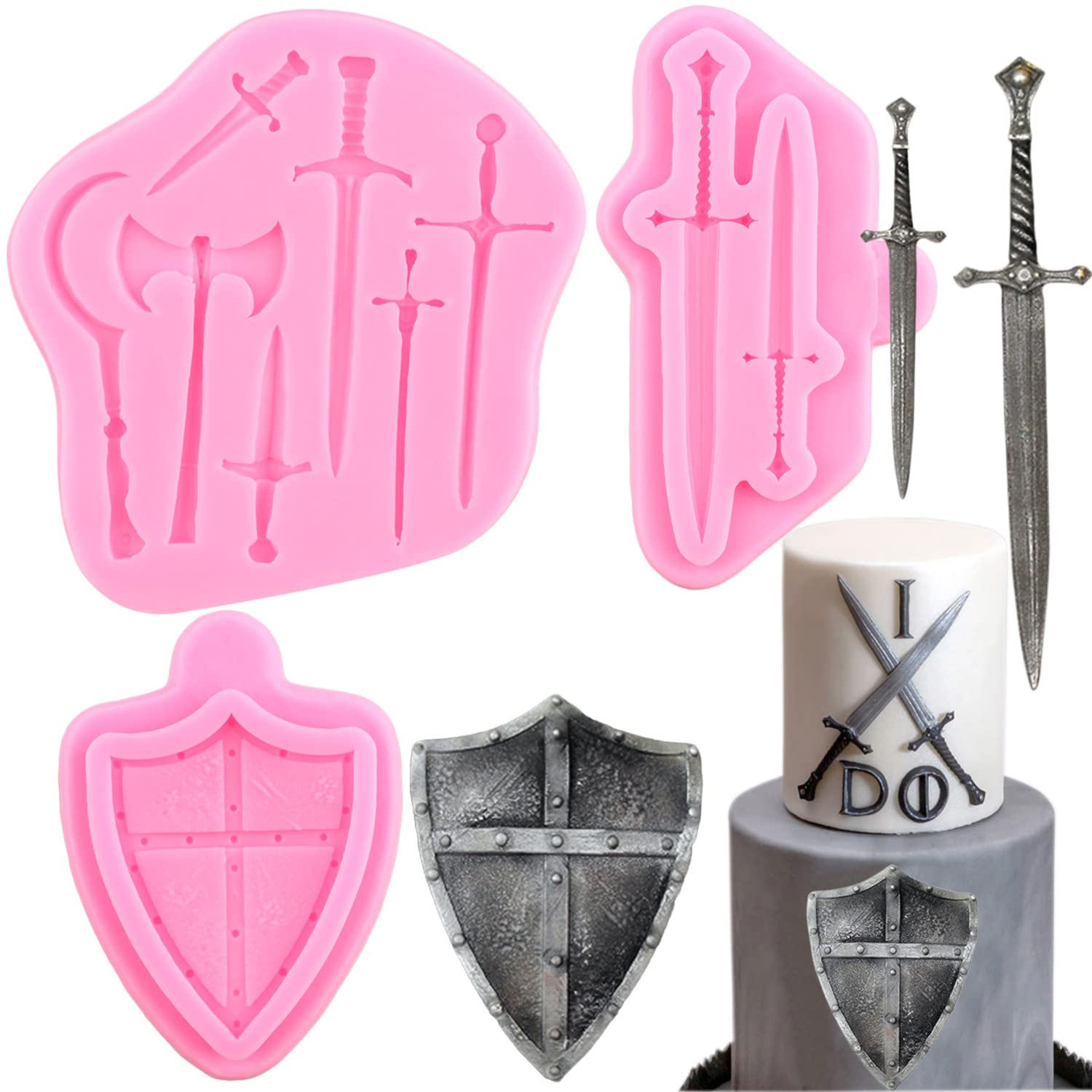 3-Piece Silicone Sword & Shield Mold Set for Cake Decorating, Cupcake Toppers, Chocolate, Candy & Polymer Clay - Perfect for Medieval Themed Parties, Cosplay Props & DIY Crafts