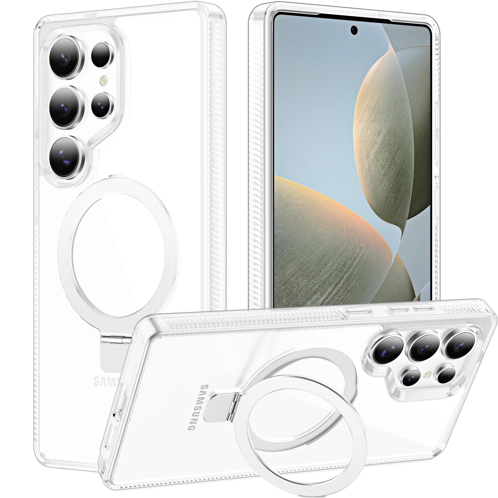 STERKER Magnetic Ring Stand Case for Samsung Galaxy S25 Ultra - Military Grade Drop Protection, Anti-Yellowing Clear Slim Case with Kickstand & Magnetic Mount - Perfect for Work, Travel, and Everyday Use