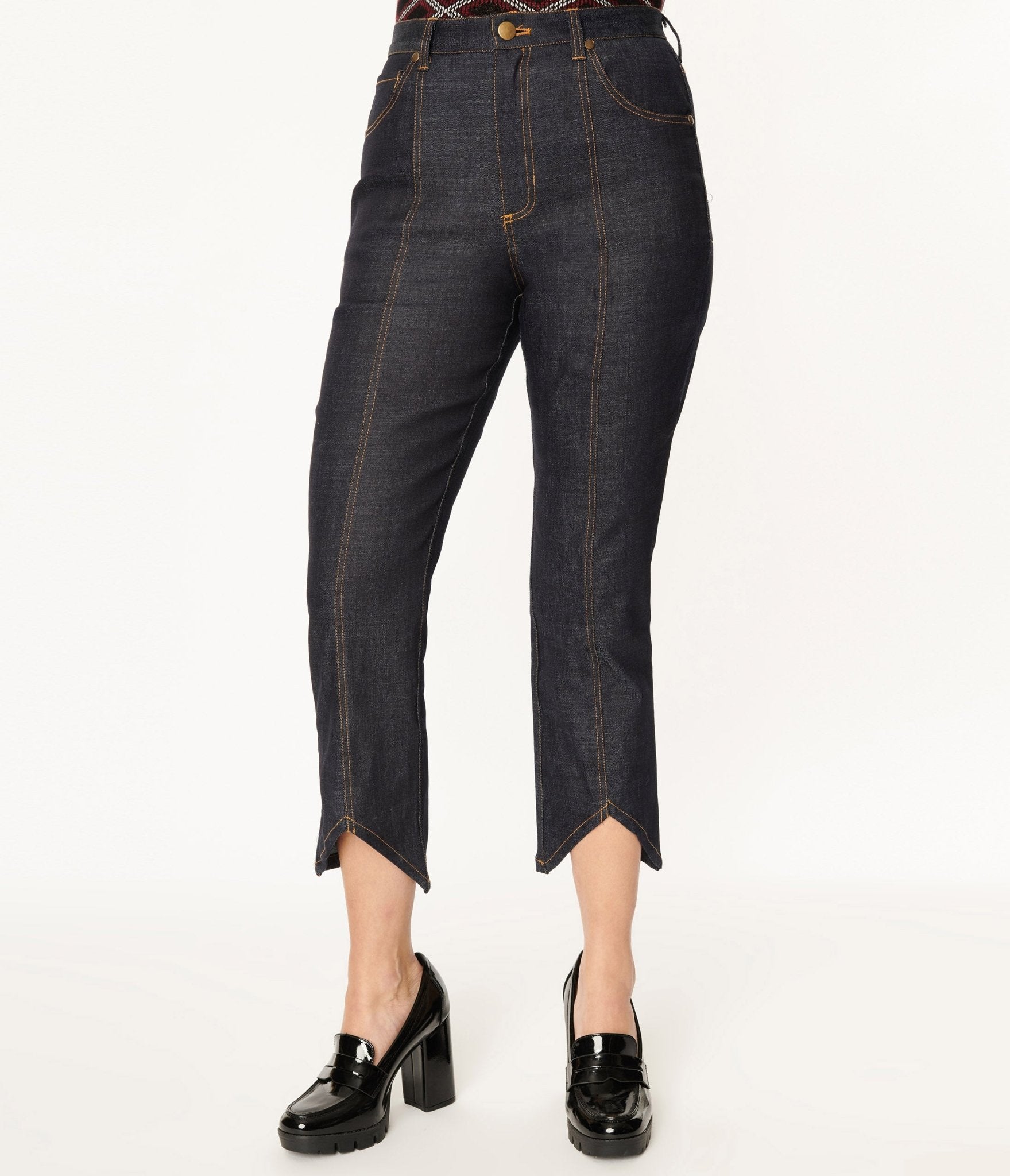 Smak Parlour Women's Dark Denim Notched Capri Jeans - High Waist Slim Fit Ankle Pants for Casual Wear & Summer Outfits