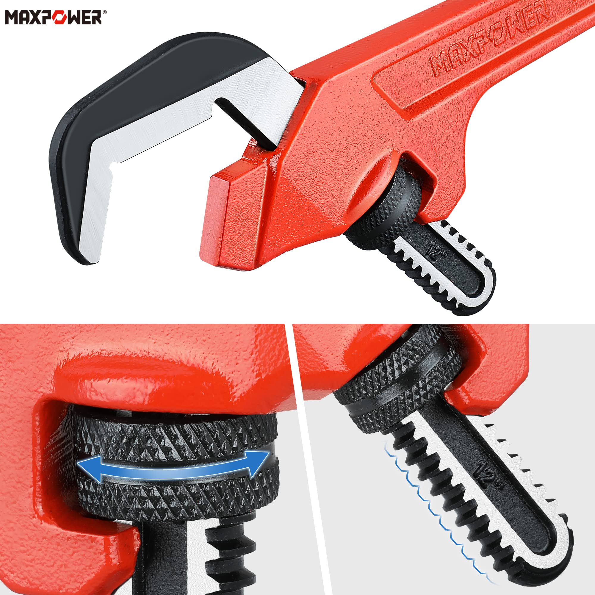 MAXPOWER 12 Inch Adjustable Offset Hex Wrench - Red Cast Iron for Automotive, Bicycle & Home Repair (Perfect for Tight Spaces & Hard-to-Reach Bolts)