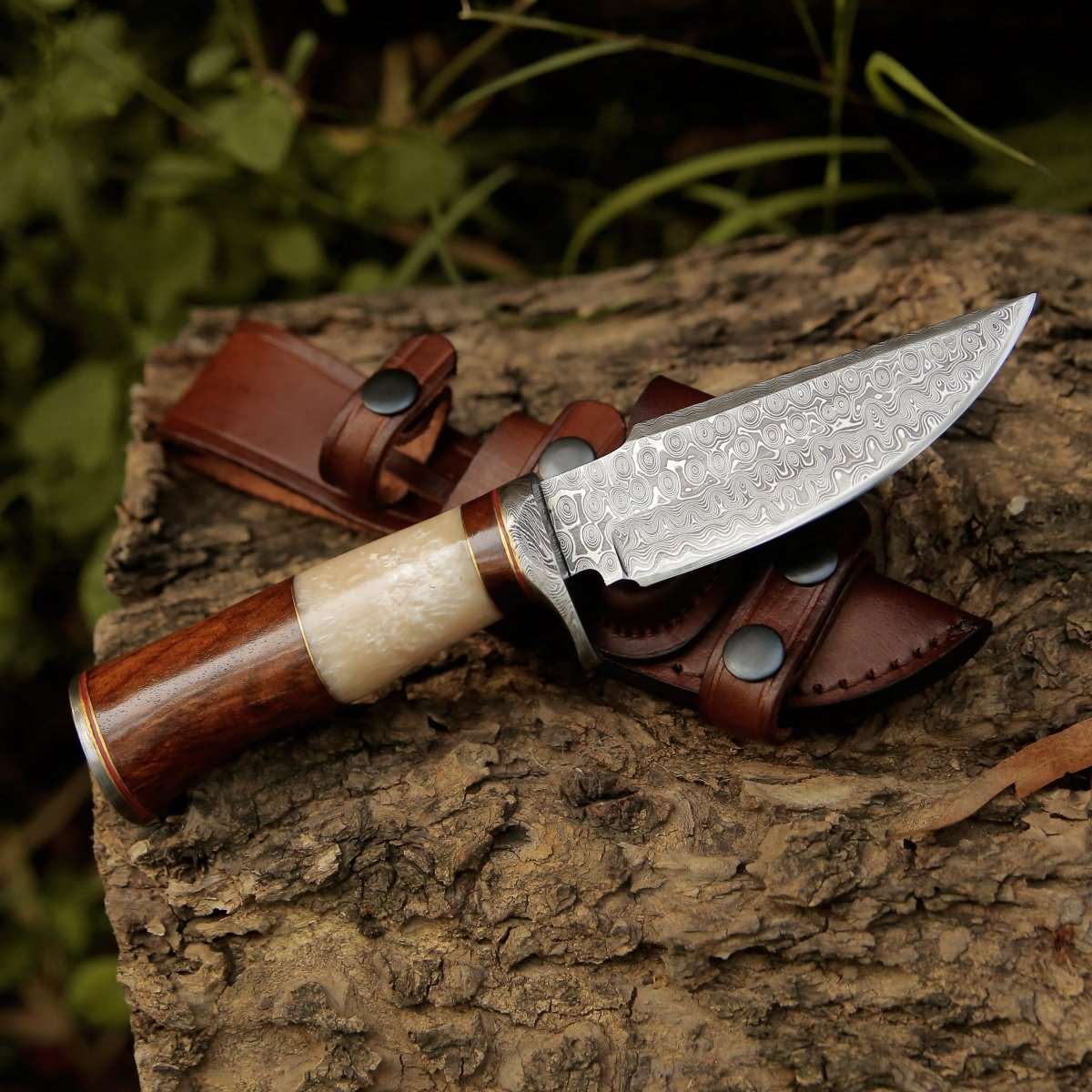 Premium Damascus Steel Hunting Knife with Mother of Pearl & Rosewood Handle - Perfect for Outdoor Adventures, Camping, and Survival Gear